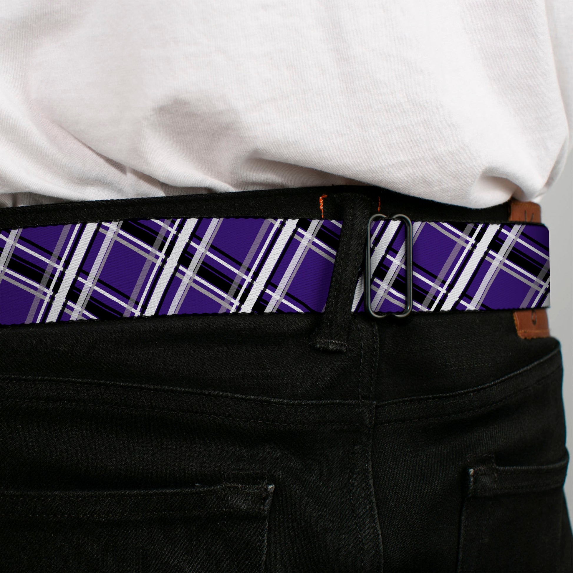 BD Wings Logo CLOSE-UP Full Color Black Silver Seatbelt Belt - Plaid X2 Purple/Gray/White/Black Webbing Seatbelt Belts Buckle-Down