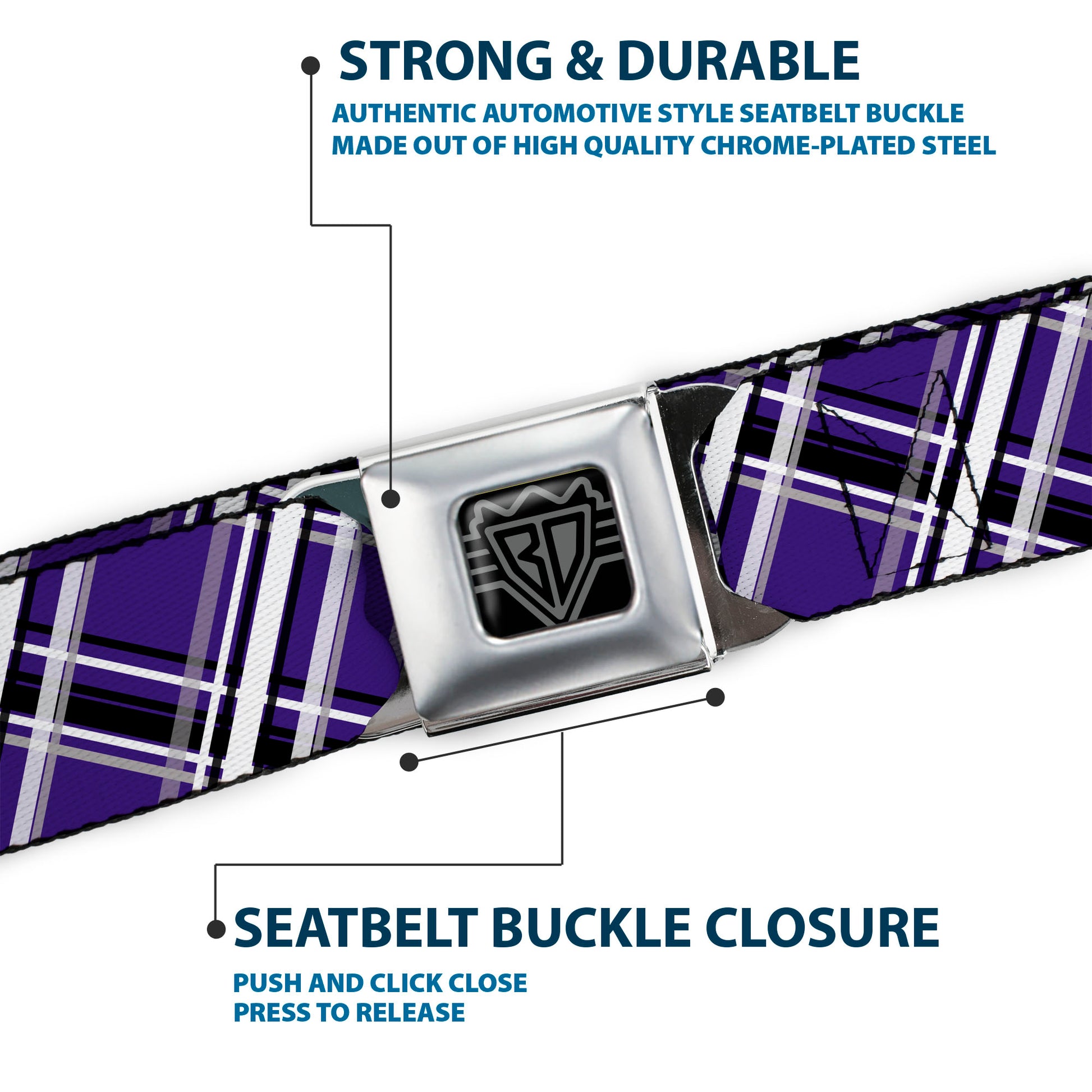 BD Wings Logo CLOSE-UP Full Color Black Silver Seatbelt Belt - Plaid X2 Purple/Gray/White/Black Webbing Seatbelt Belts Buckle-Down