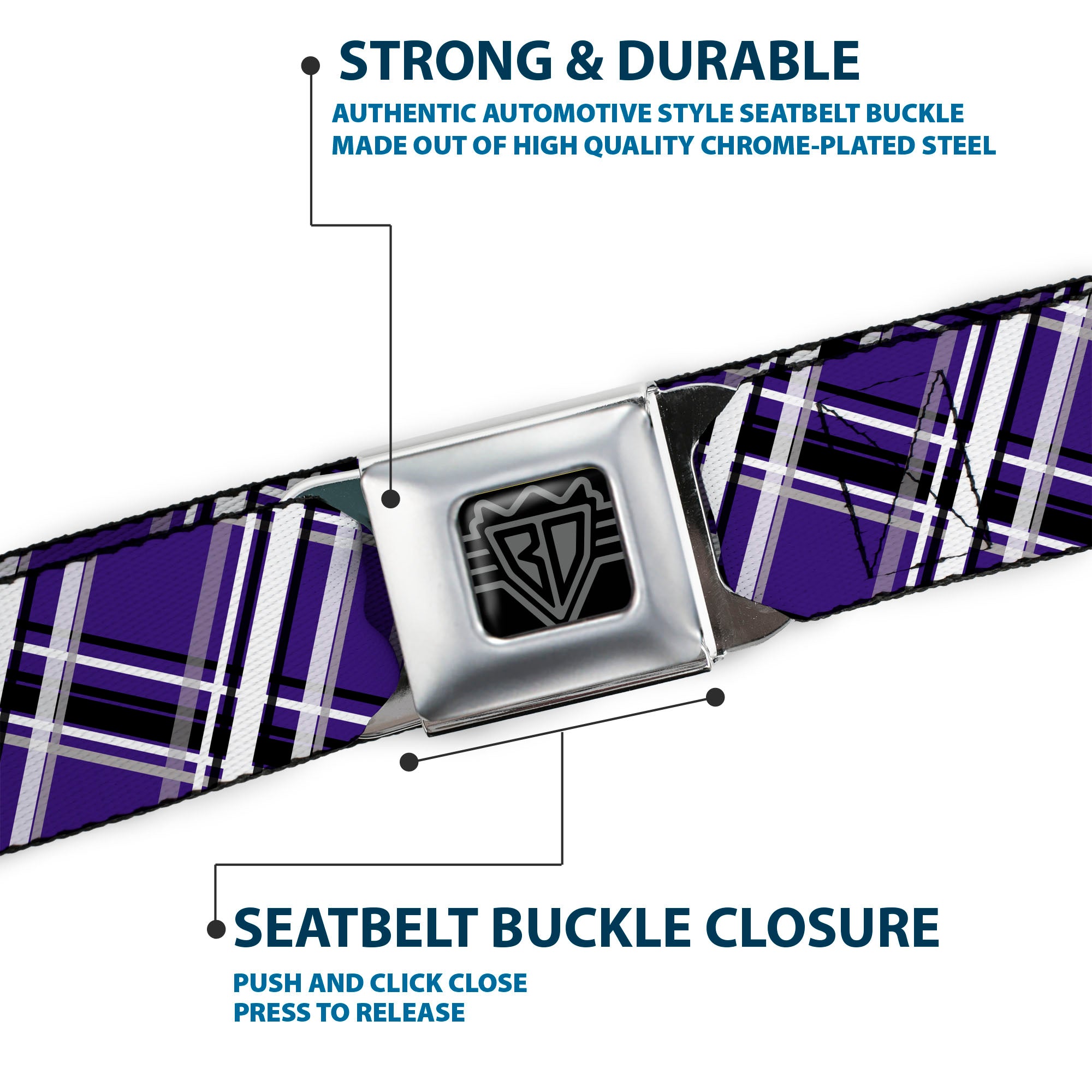 BD Wings Logo CLOSE-UP Full Color Black Silver Seatbelt Belt - Plaid X2 Purple/Gray/White/Black Webbing Seatbelt Belts Buckle-Down