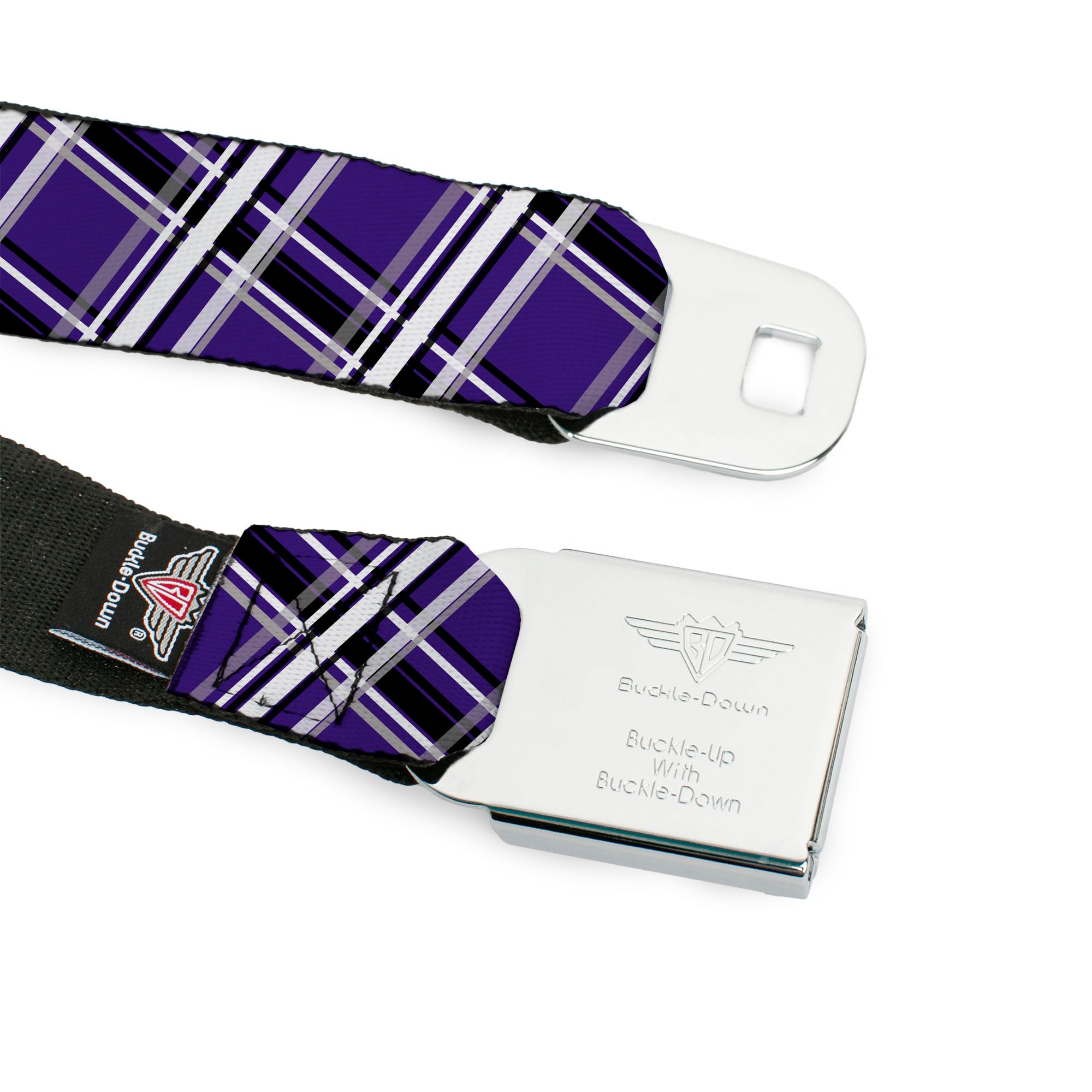 BD Wings Logo CLOSE-UP Full Color Black Silver Seatbelt Belt - Plaid X2 Purple/Gray/White/Black Webbing Seatbelt Belts Buckle-Down