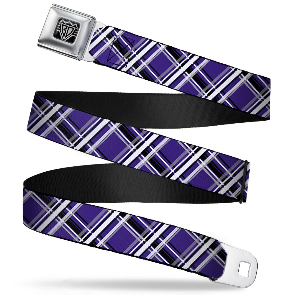 BD Wings Logo CLOSE-UP Full Color Black Silver Seatbelt Belt - Plaid X2 Purple/Gray/White/Black Webbing Seatbelt Belts Buckle-Down