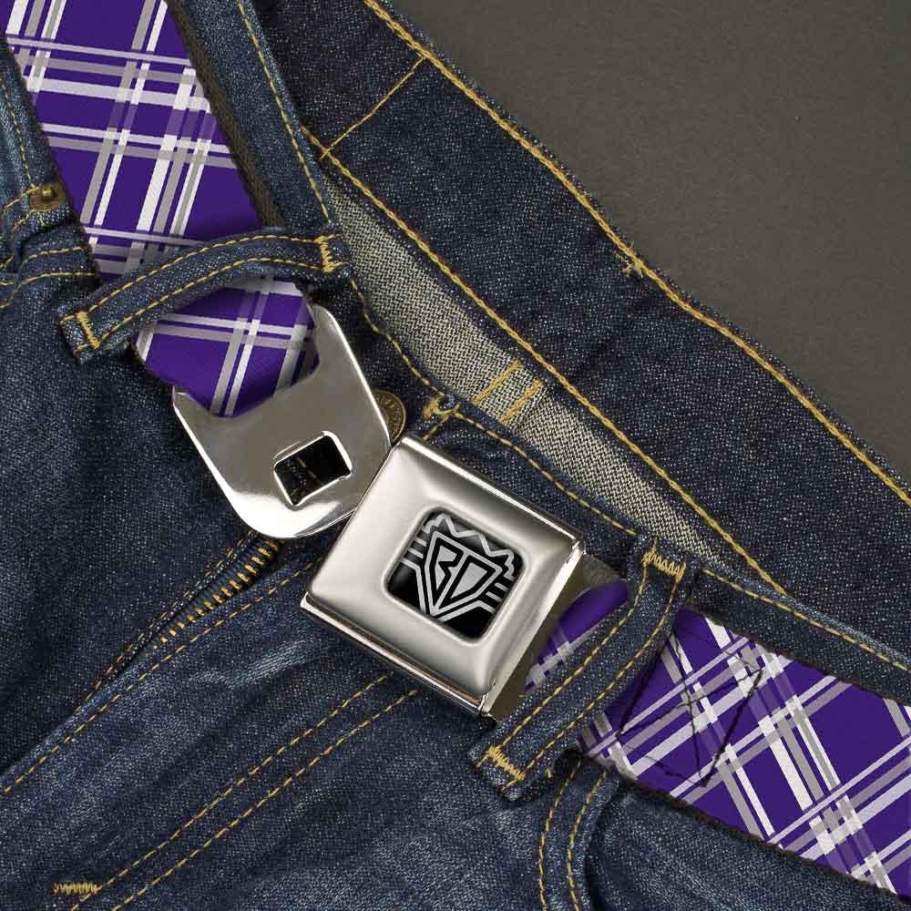 BD Wings Logo CLOSE-UP Full Color Black Silver Seatbelt Belt - Plaid X3 Purple/Gray/White Webbing Seatbelt Belts Buckle-Down
