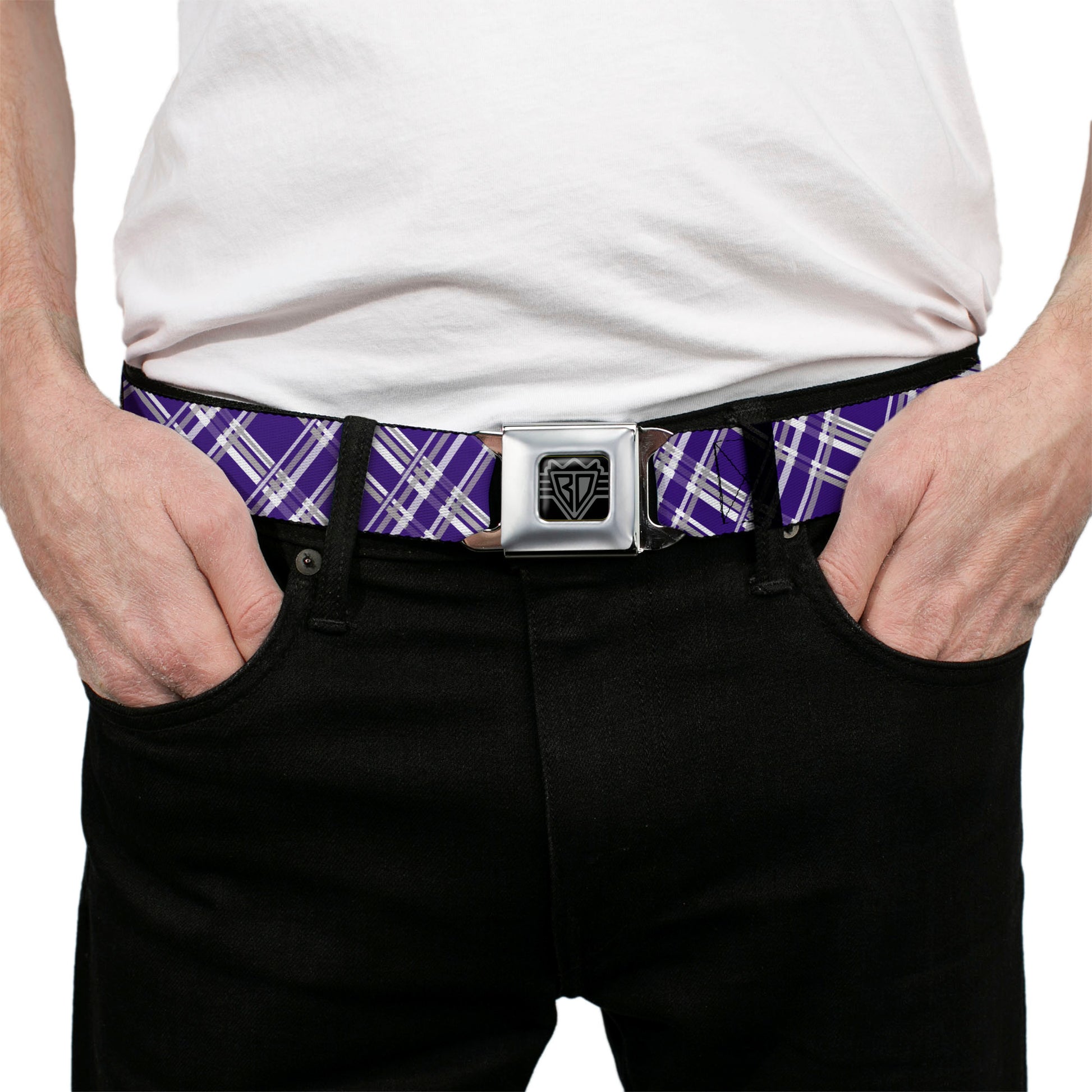 BD Wings Logo CLOSE-UP Full Color Black Silver Seatbelt Belt - Plaid X3 Purple/Gray/White Webbing Seatbelt Belts Buckle-Down