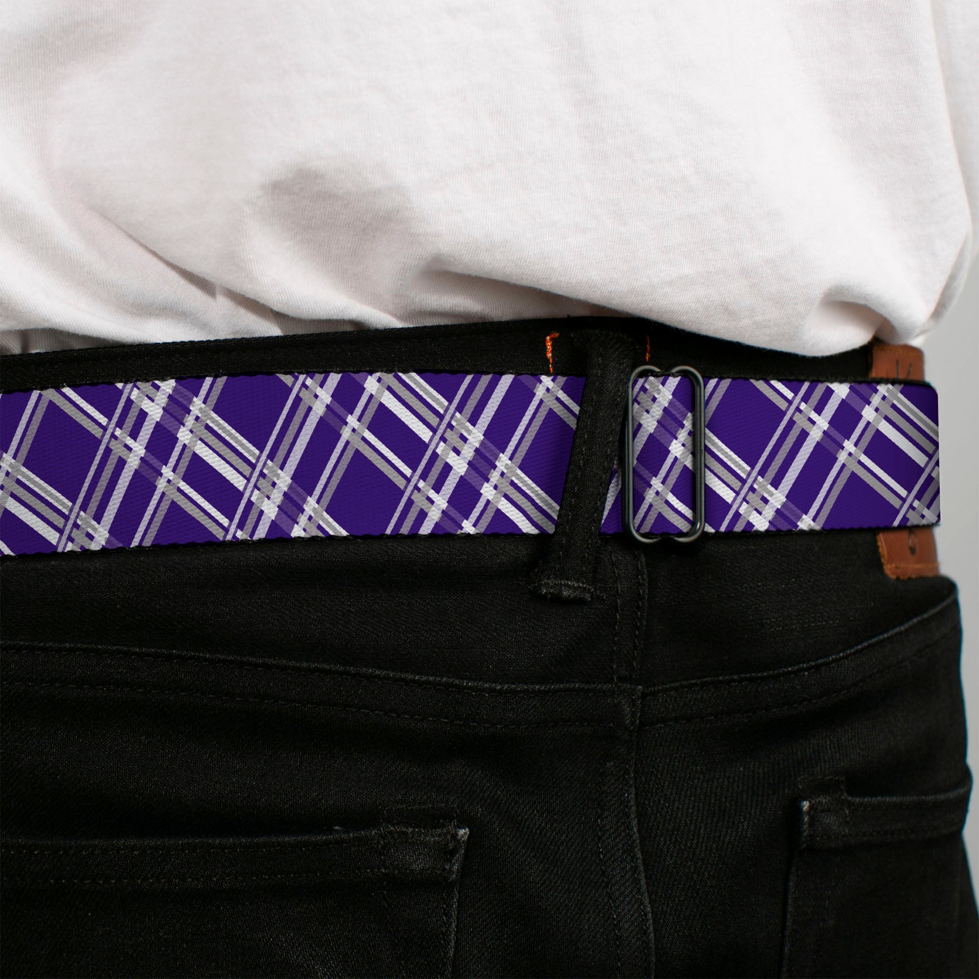 BD Wings Logo CLOSE-UP Full Color Black Silver Seatbelt Belt - Plaid X3 Purple/Gray/White Webbing Seatbelt Belts Buckle-Down