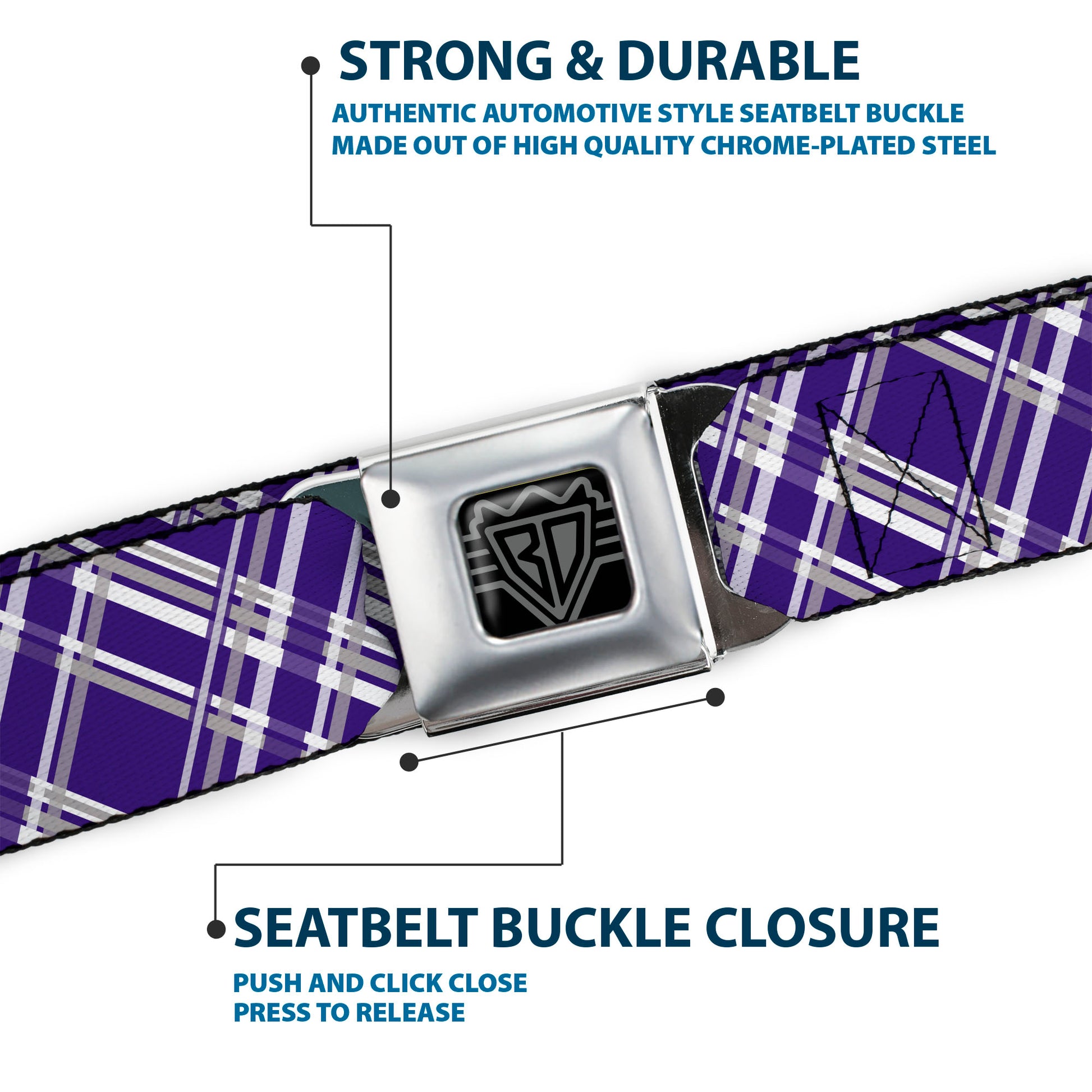BD Wings Logo CLOSE-UP Full Color Black Silver Seatbelt Belt - Plaid X3 Purple/Gray/White Webbing Seatbelt Belts Buckle-Down