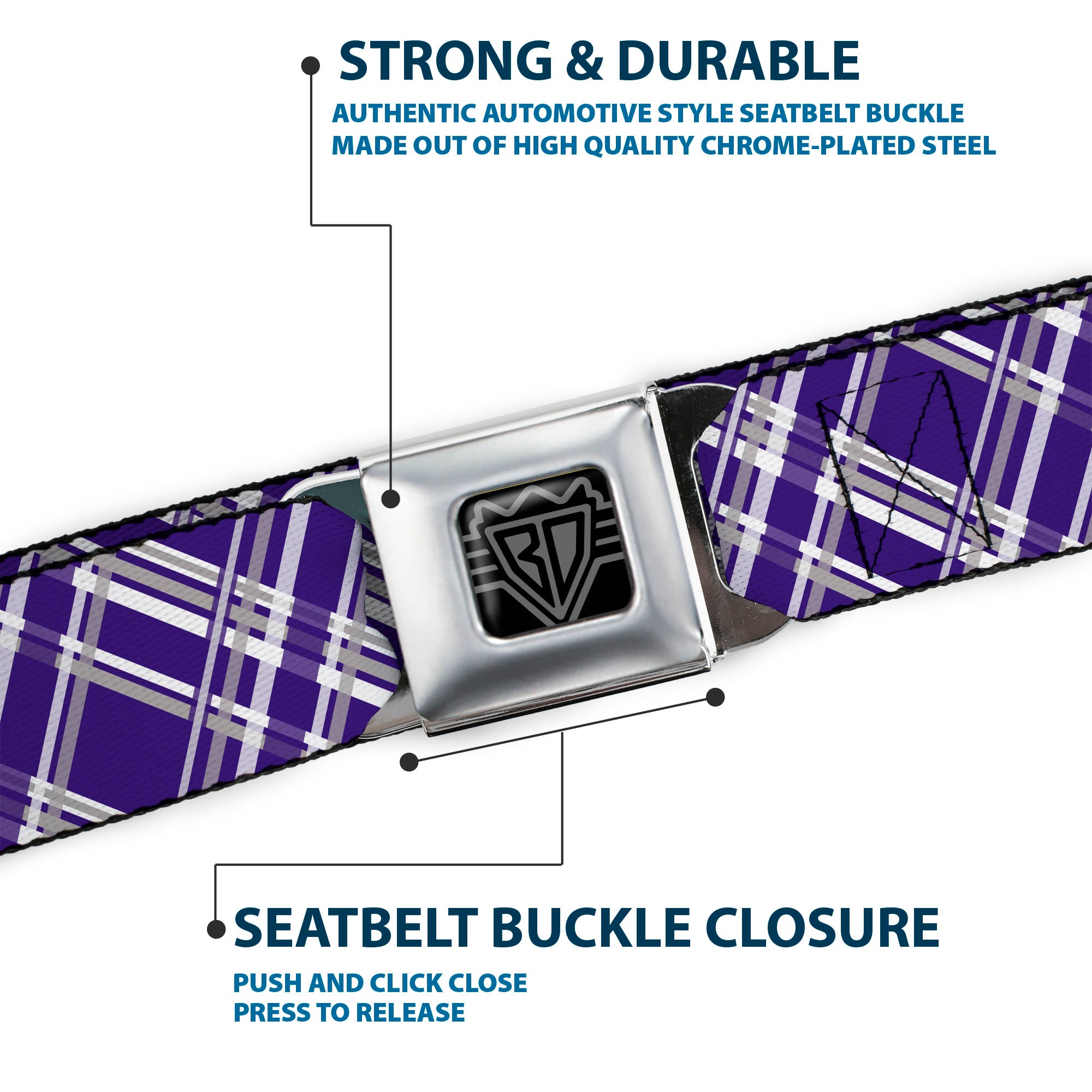 BD Wings Logo CLOSE-UP Full Color Black Silver Seatbelt Belt - Plaid X3 Purple/Gray/White Webbing Seatbelt Belts Buckle-Down