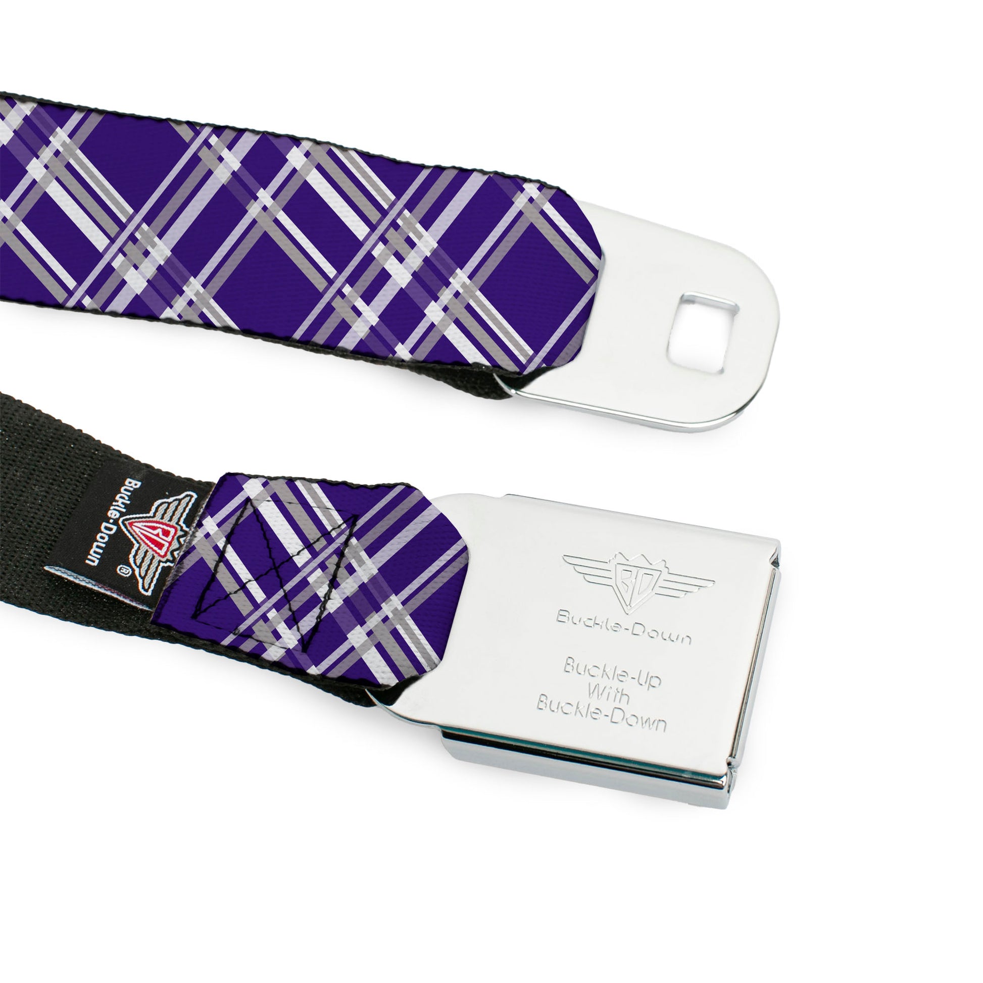 BD Wings Logo CLOSE-UP Full Color Black Silver Seatbelt Belt - Plaid X3 Purple/Gray/White Webbing Seatbelt Belts Buckle-Down