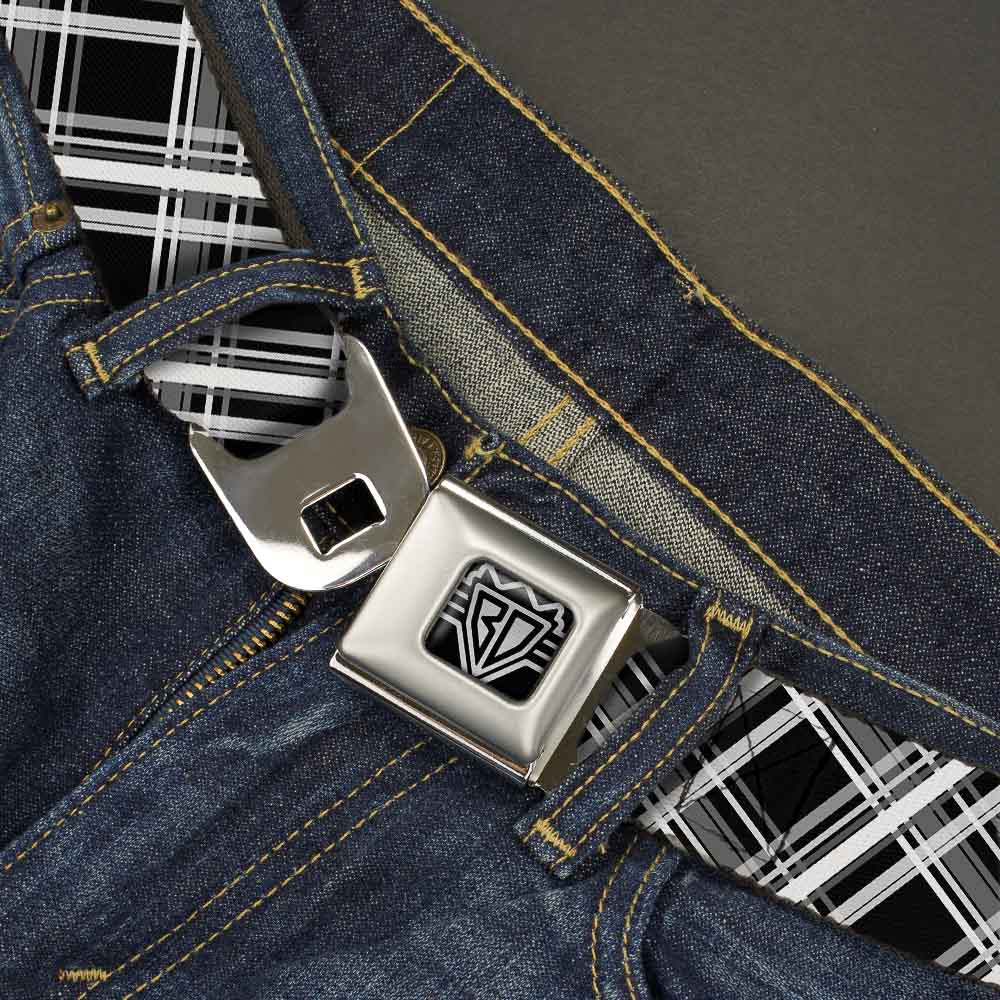 BD Wings Logo CLOSE-UP Full Color Black Silver Seatbelt Belt - Plaid X2 Black/Grays/White Webbing Seatbelt Belts Buckle-Down