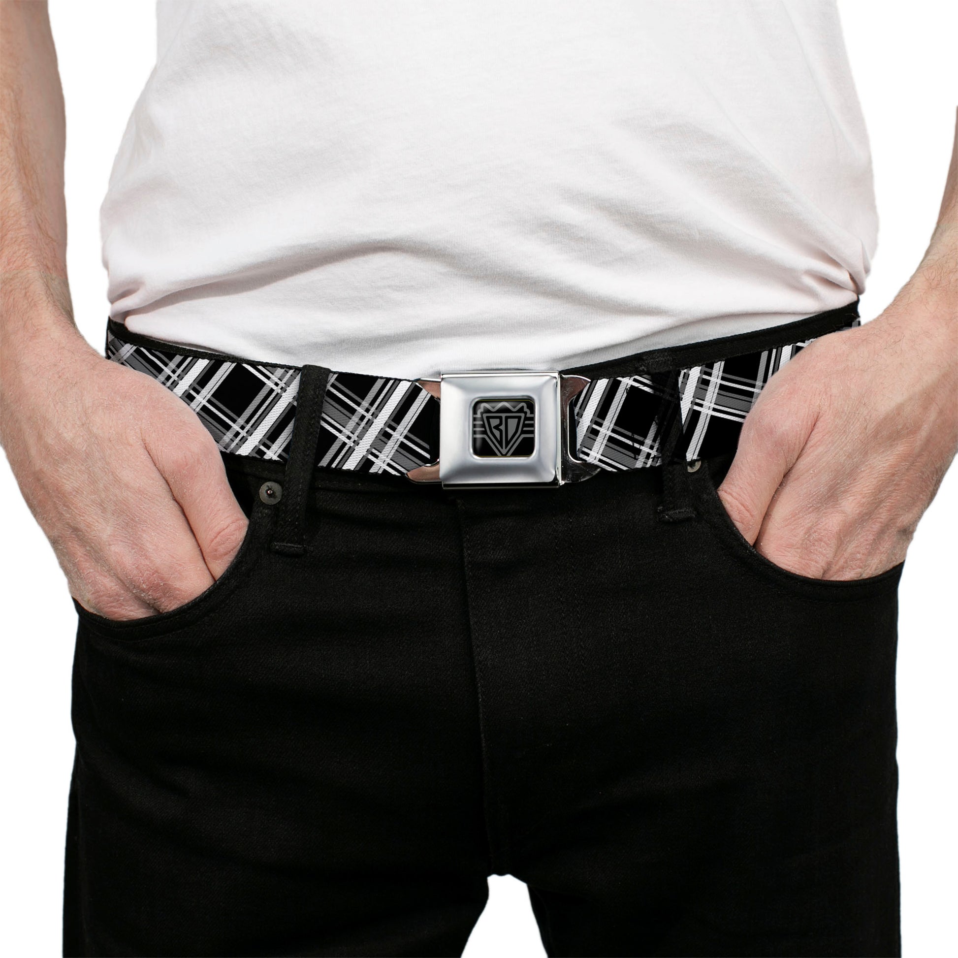 BD Wings Logo CLOSE-UP Full Color Black Silver Seatbelt Belt - Plaid X2 Black/Grays/White Webbing Seatbelt Belts Buckle-Down