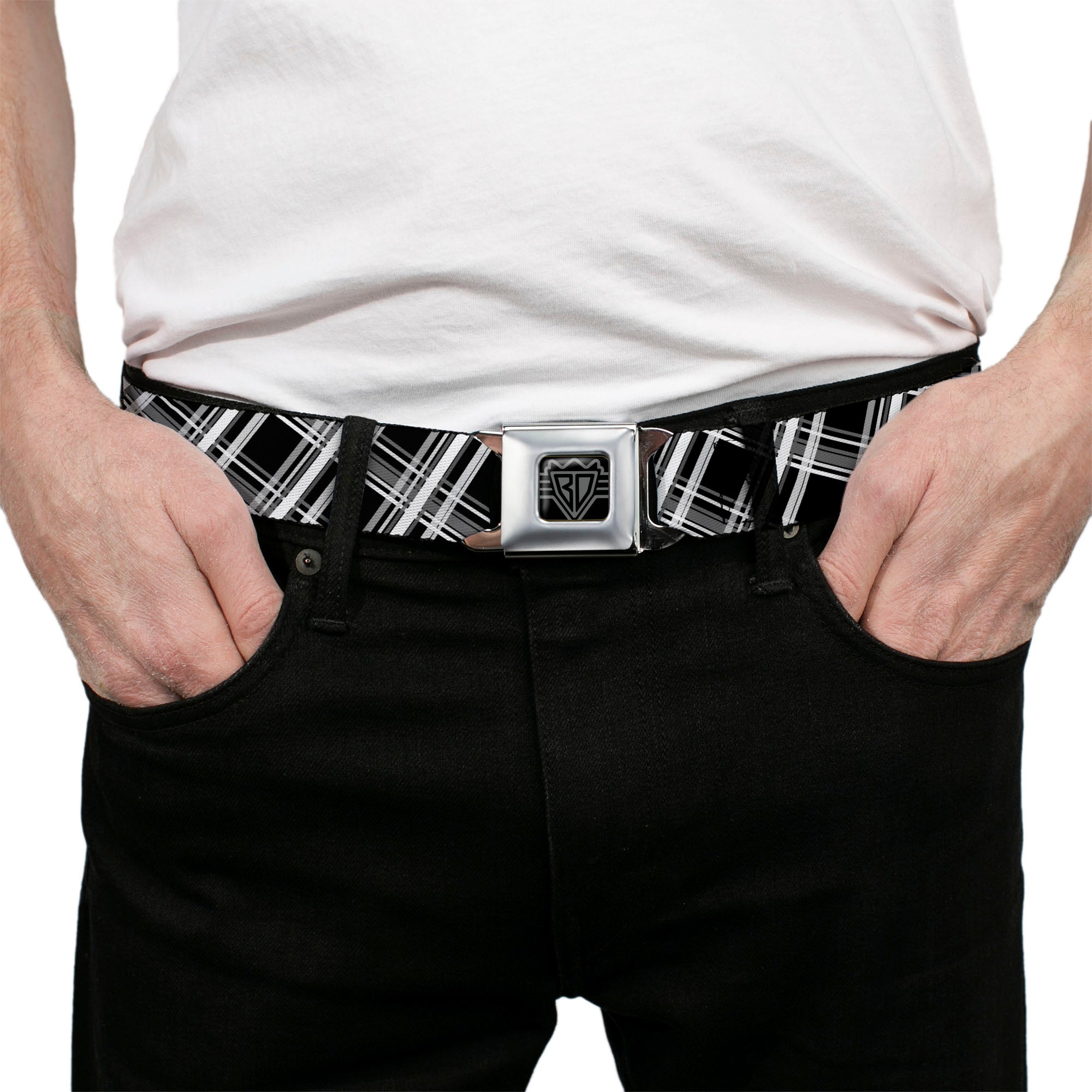 BD Wings Logo CLOSE-UP Full Color Black Silver Seatbelt Belt - Plaid X2 Black/Grays/White Webbing Seatbelt Belts Buckle-Down