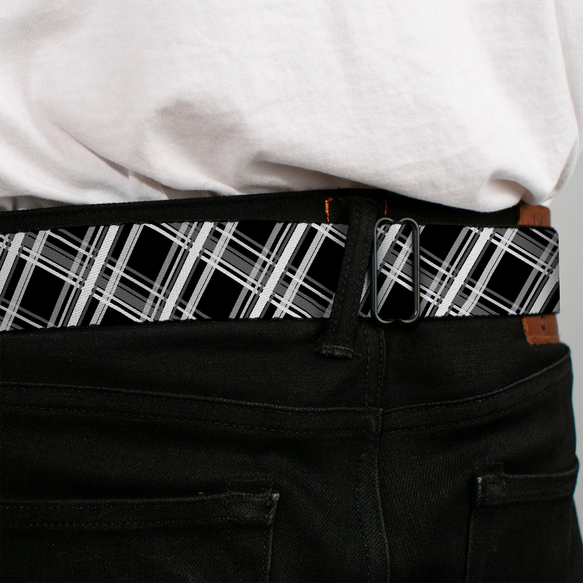 BD Wings Logo CLOSE-UP Full Color Black Silver Seatbelt Belt - Plaid X2 Black/Grays/White Webbing Seatbelt Belts Buckle-Down