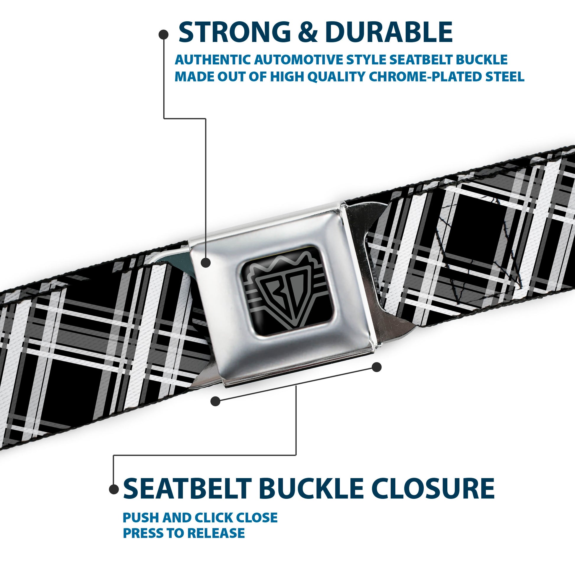 BD Wings Logo CLOSE-UP Full Color Black Silver Seatbelt Belt - Plaid X2 Black/Grays/White Webbing Seatbelt Belts Buckle-Down