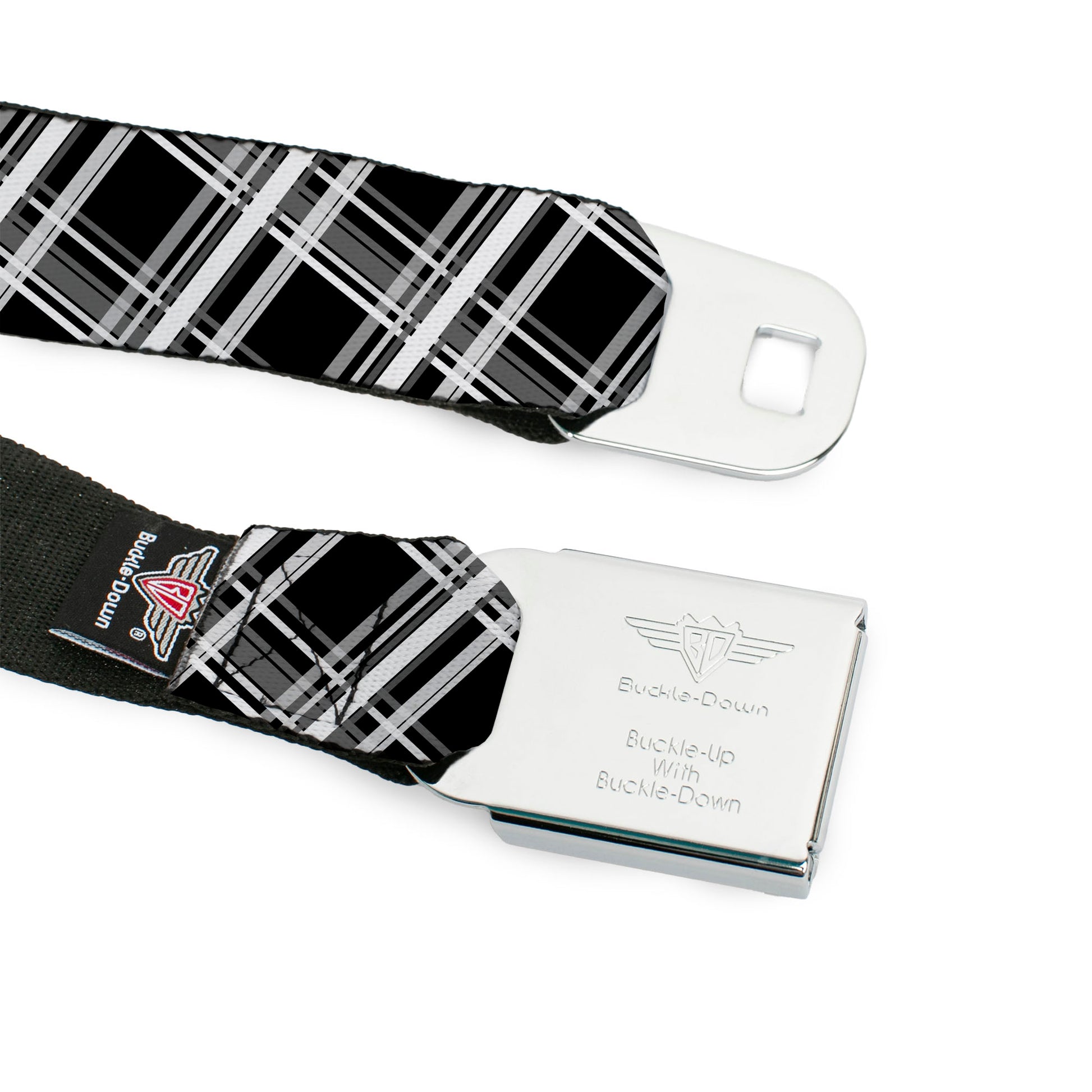 BD Wings Logo CLOSE-UP Full Color Black Silver Seatbelt Belt - Plaid X2 Black/Grays/White Webbing Seatbelt Belts Buckle-Down