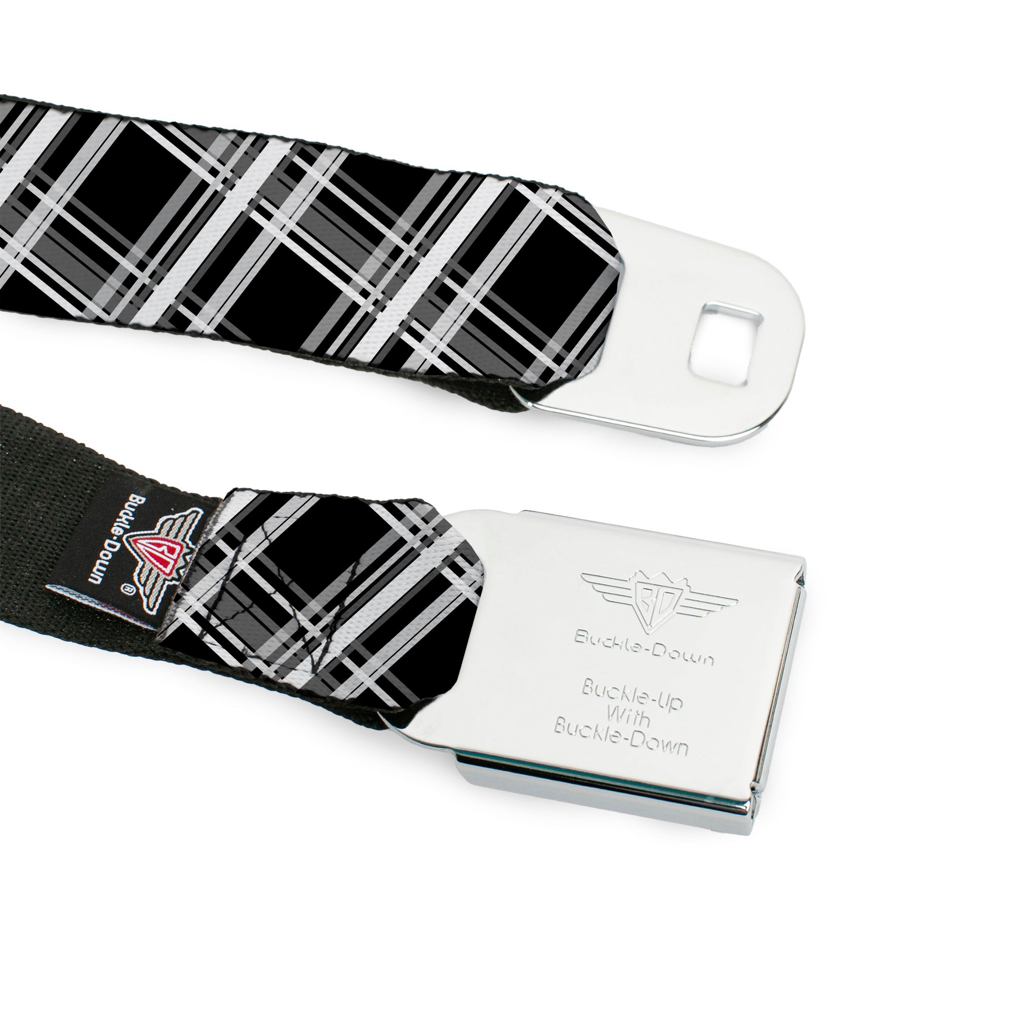 BD Wings Logo CLOSE-UP Full Color Black Silver Seatbelt Belt - Plaid X2 Black/Grays/White Webbing Seatbelt Belts Buckle-Down