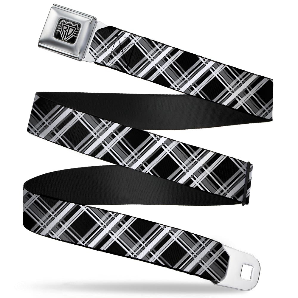 BD Wings Logo CLOSE-UP Full Color Black Silver Seatbelt Belt - Plaid X2 Black/Grays/White Webbing Seatbelt Belts Buckle-Down
