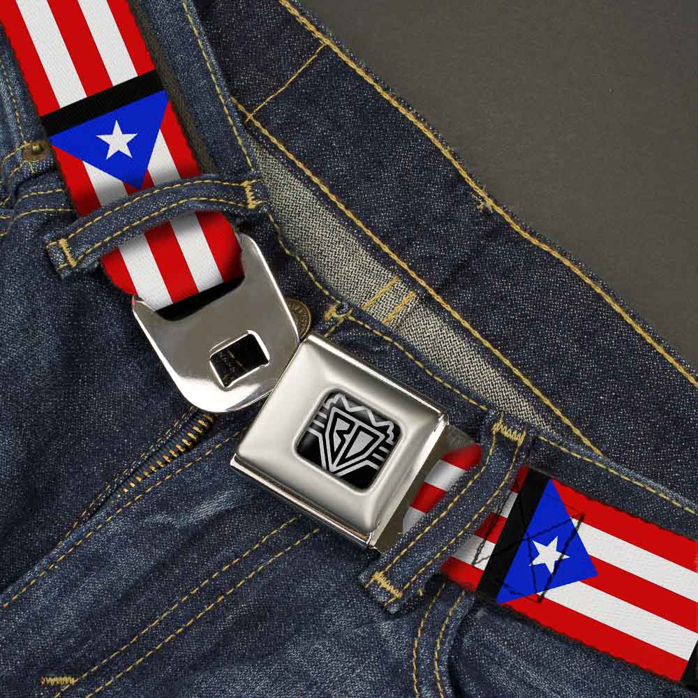 BD Wings Logo CLOSE-UP Full Color Black Silver Seatbelt Belt - Puerto Rico Flag Repeat/Black Webbing Seatbelt Belts Buckle-Down