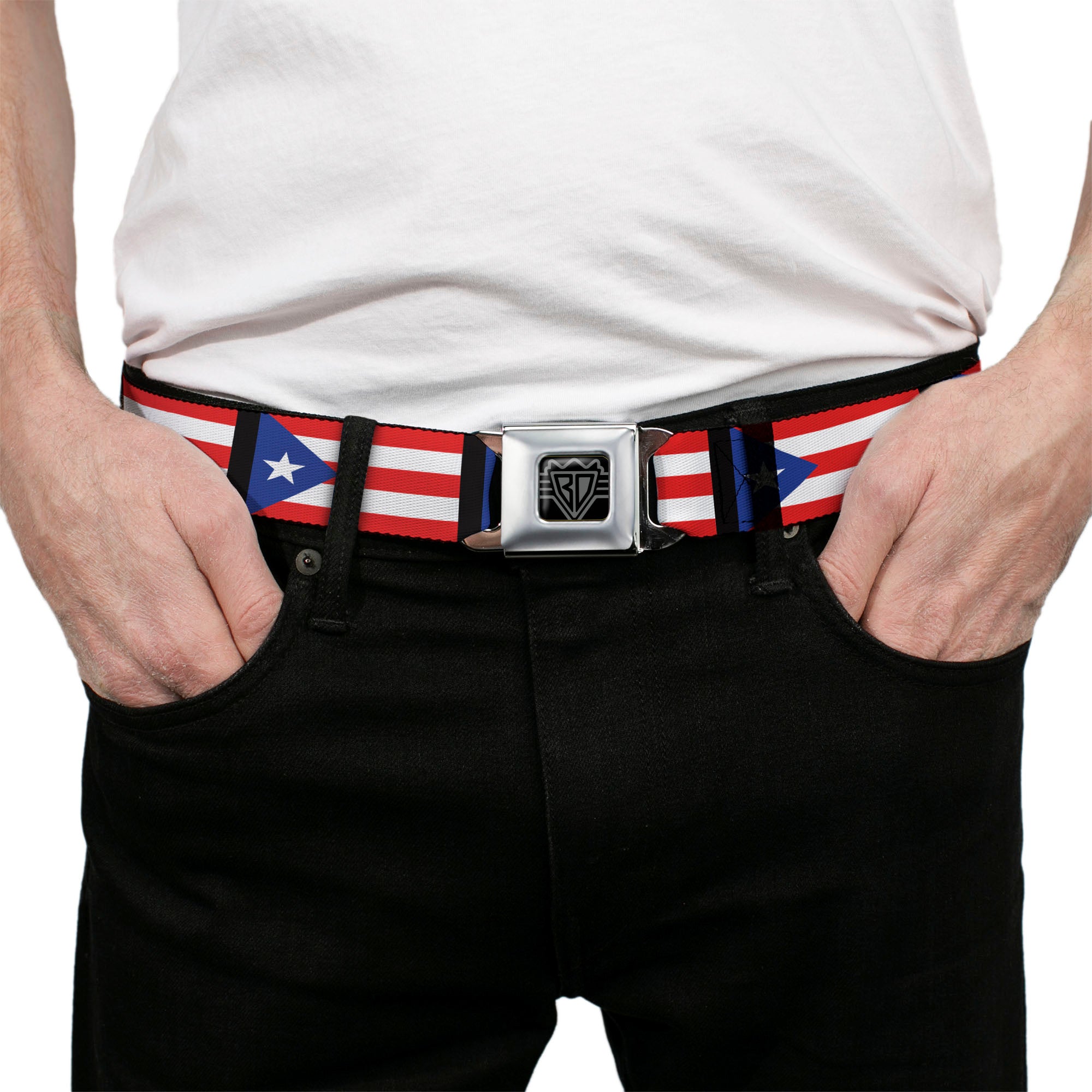 BD Wings Logo CLOSE-UP Full Color Black Silver Seatbelt Belt - Puerto Rico Flag Repeat/Black Webbing Seatbelt Belts Buckle-Down