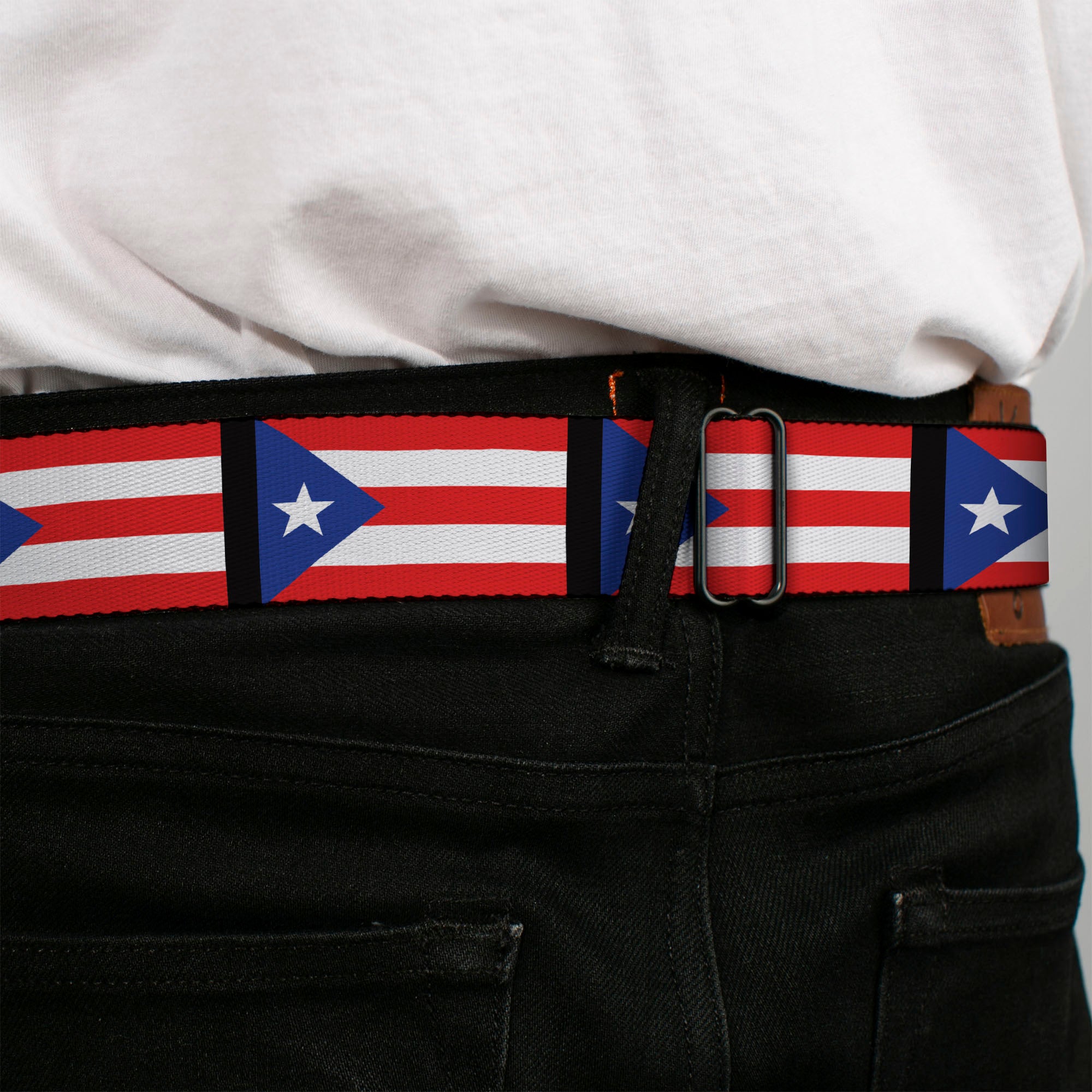 BD Wings Logo CLOSE-UP Full Color Black Silver Seatbelt Belt - Puerto Rico Flag Repeat/Black Webbing Seatbelt Belts Buckle-Down
