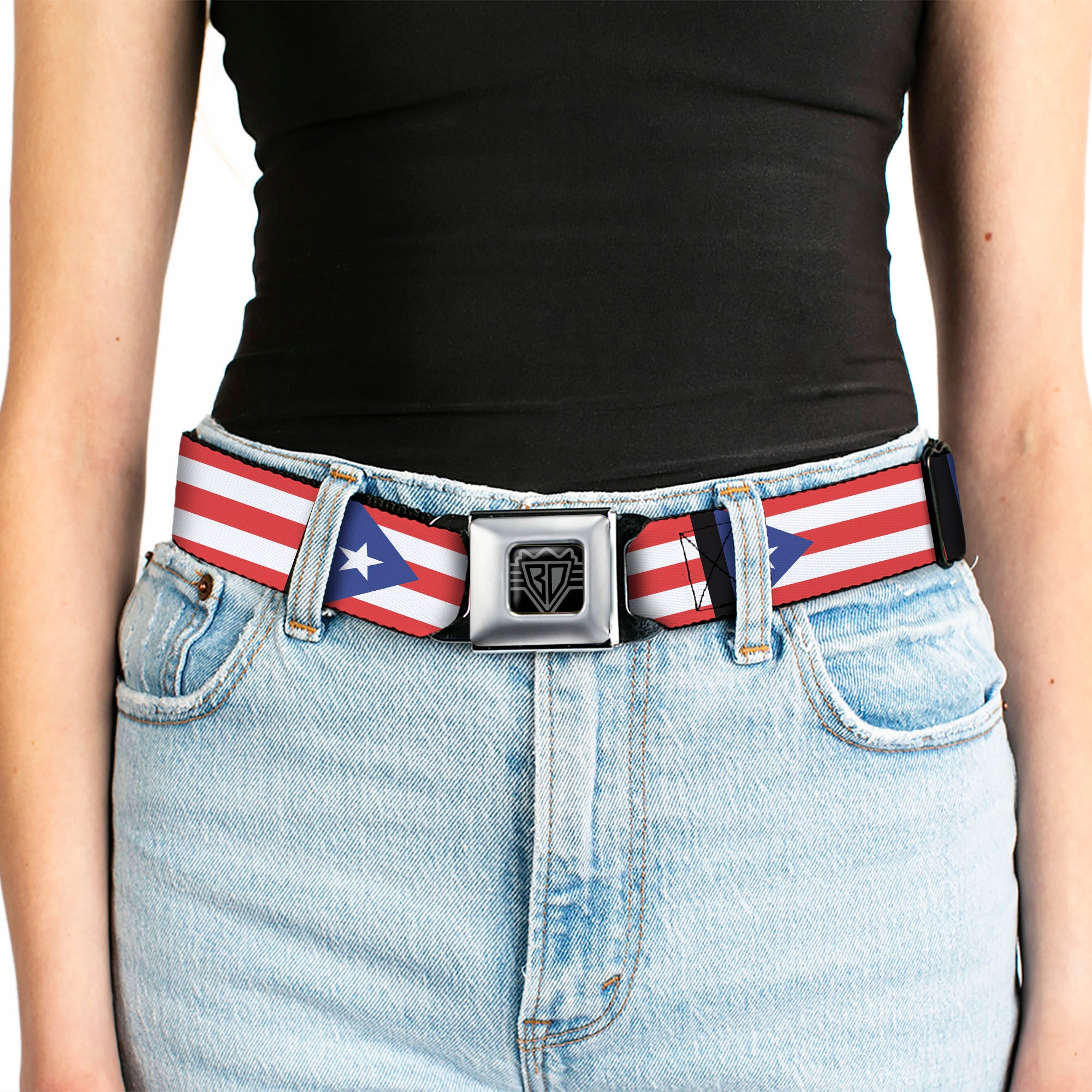 BD Wings Logo CLOSE-UP Full Color Black Silver Seatbelt Belt - Puerto Rico Flag Repeat/Black Webbing Seatbelt Belts Buckle-Down