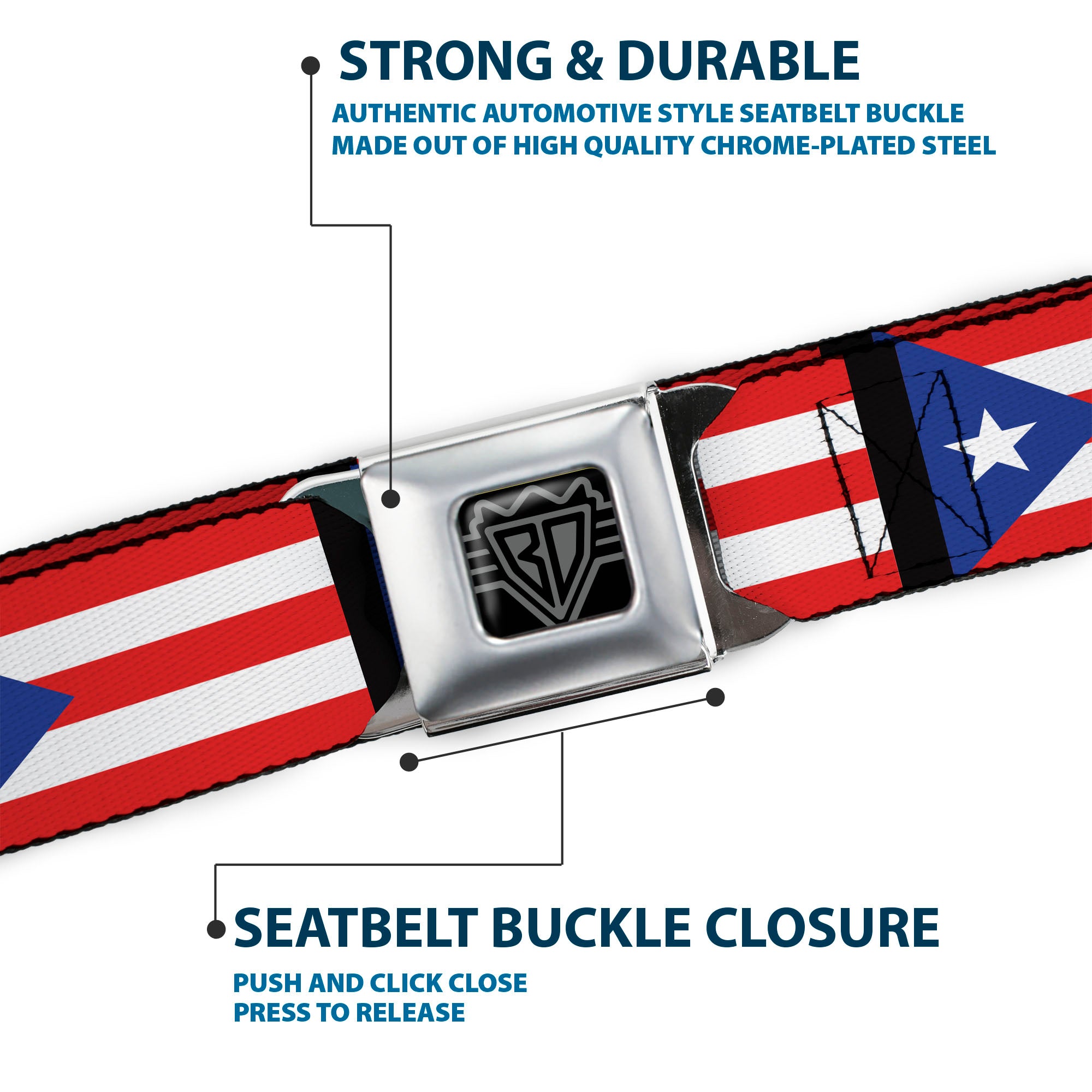 BD Wings Logo CLOSE-UP Full Color Black Silver Seatbelt Belt - Puerto Rico Flag Repeat/Black Webbing Seatbelt Belts Buckle-Down