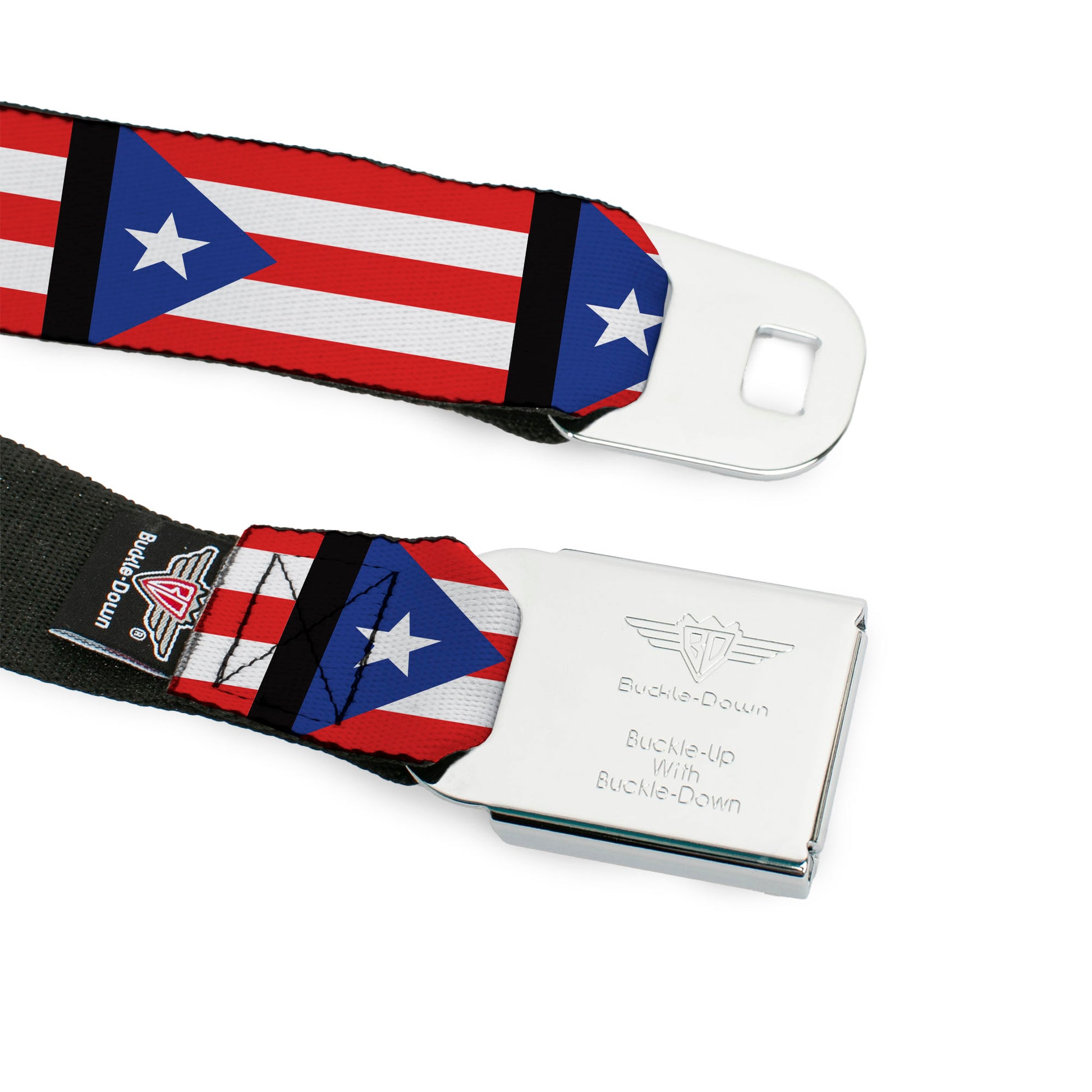 BD Wings Logo CLOSE-UP Full Color Black Silver Seatbelt Belt - Puerto Rico Flag Repeat/Black Webbing Seatbelt Belts Buckle-Down