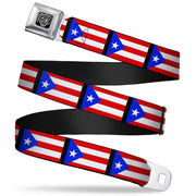BD Wings Logo CLOSE-UP Full Color Black Silver Seatbelt Belt - Puerto Rico Flag Repeat/Black Webbing Seatbelt Belts Buckle-Down