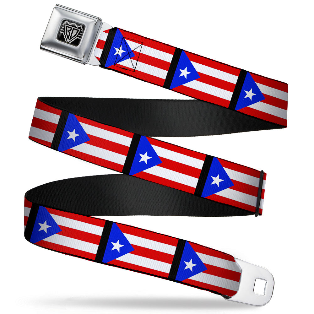 BD Wings Logo CLOSE-UP Full Color Black Silver Seatbelt Belt - Puerto Rico Flag Repeat/Black Webbing Seatbelt Belts Buckle-Down