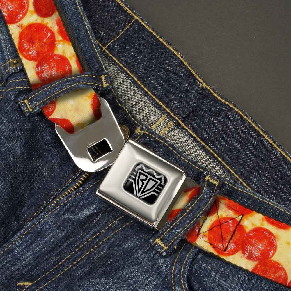 BD Wings Logo CLOSE-UP Full Color Black Silver Seatbelt Belt - Pepperoni Pizza Vivid Webbing Seatbelt Belts Buckle-Down