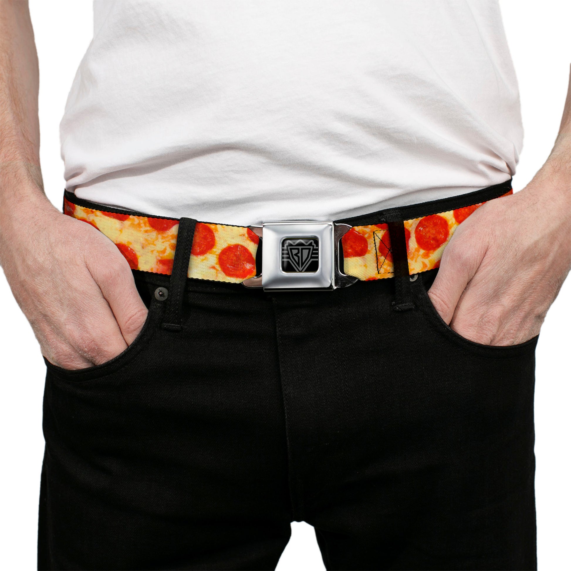 BD Wings Logo CLOSE-UP Full Color Black Silver Seatbelt Belt - Pepperoni Pizza Vivid Webbing Seatbelt Belts Buckle-Down