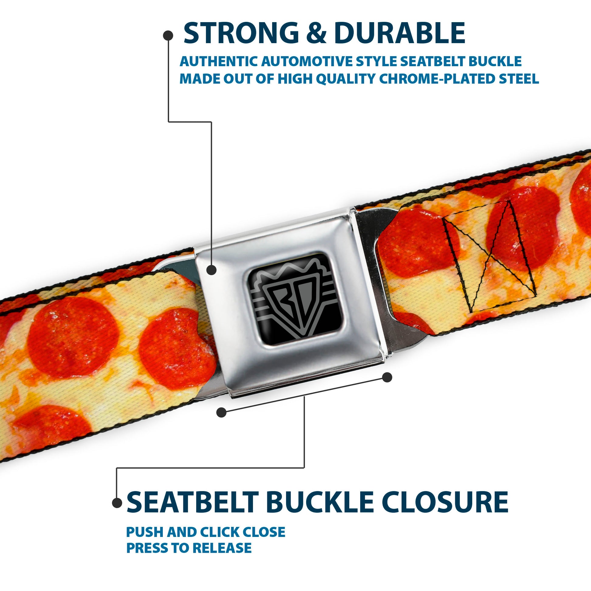 BD Wings Logo CLOSE-UP Full Color Black Silver Seatbelt Belt - Pepperoni Pizza Vivid Webbing Seatbelt Belts Buckle-Down