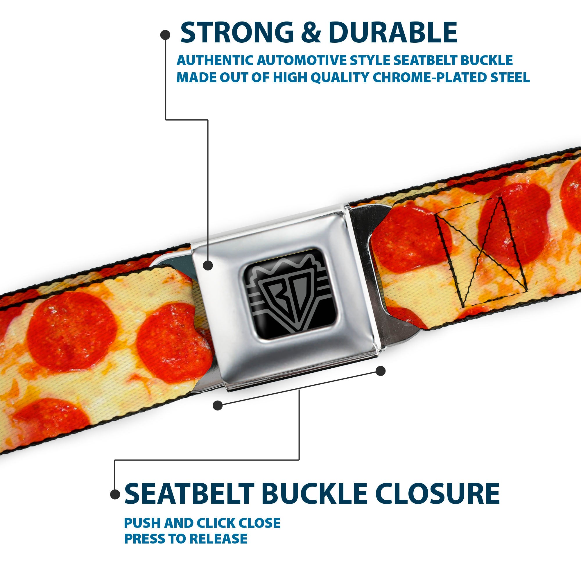 BD Wings Logo CLOSE-UP Full Color Black Silver Seatbelt Belt - Pepperoni Pizza Vivid Webbing Seatbelt Belts Buckle-Down