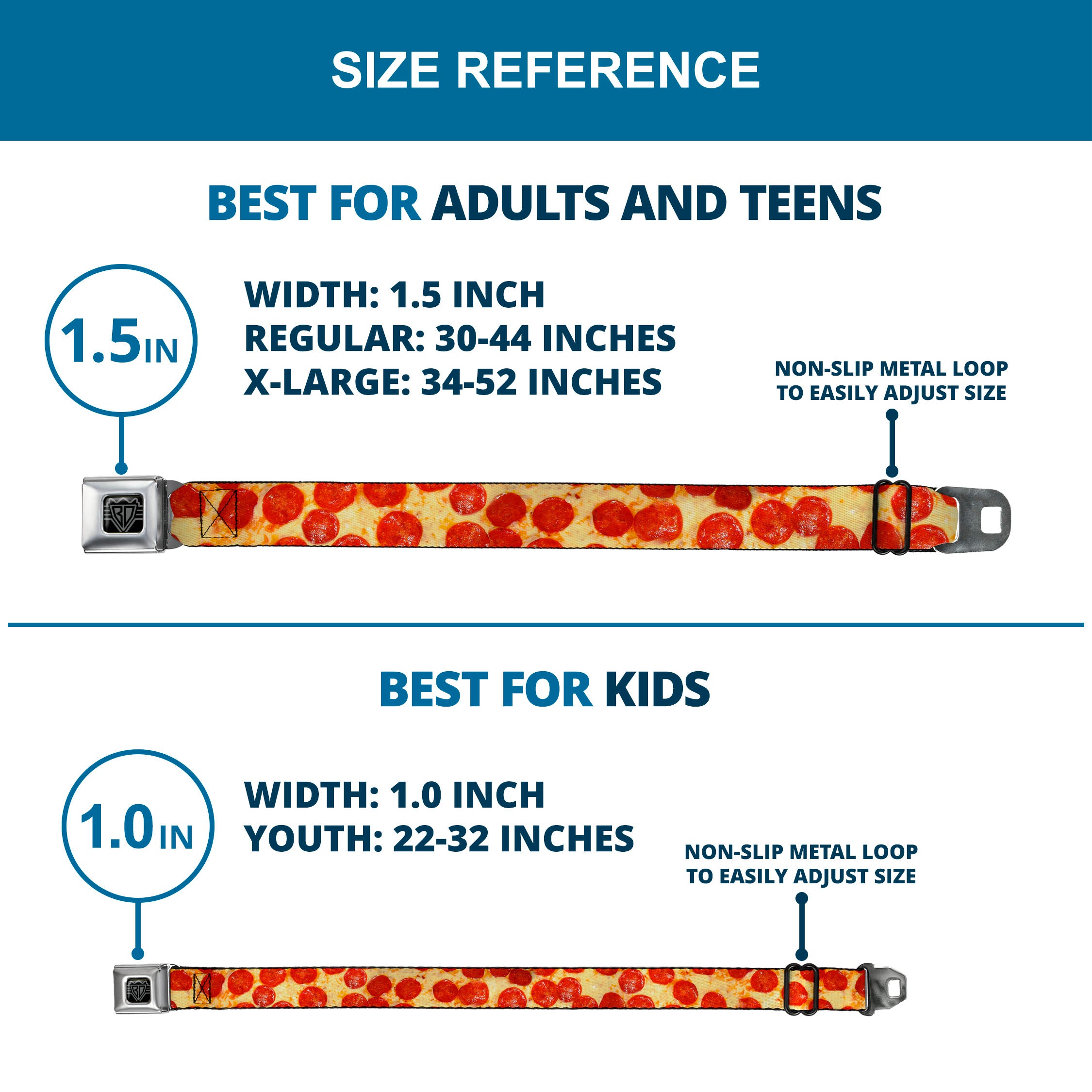 BD Wings Logo CLOSE-UP Full Color Black Silver Seatbelt Belt - Pepperoni Pizza Vivid Webbing Seatbelt Belts Buckle-Down