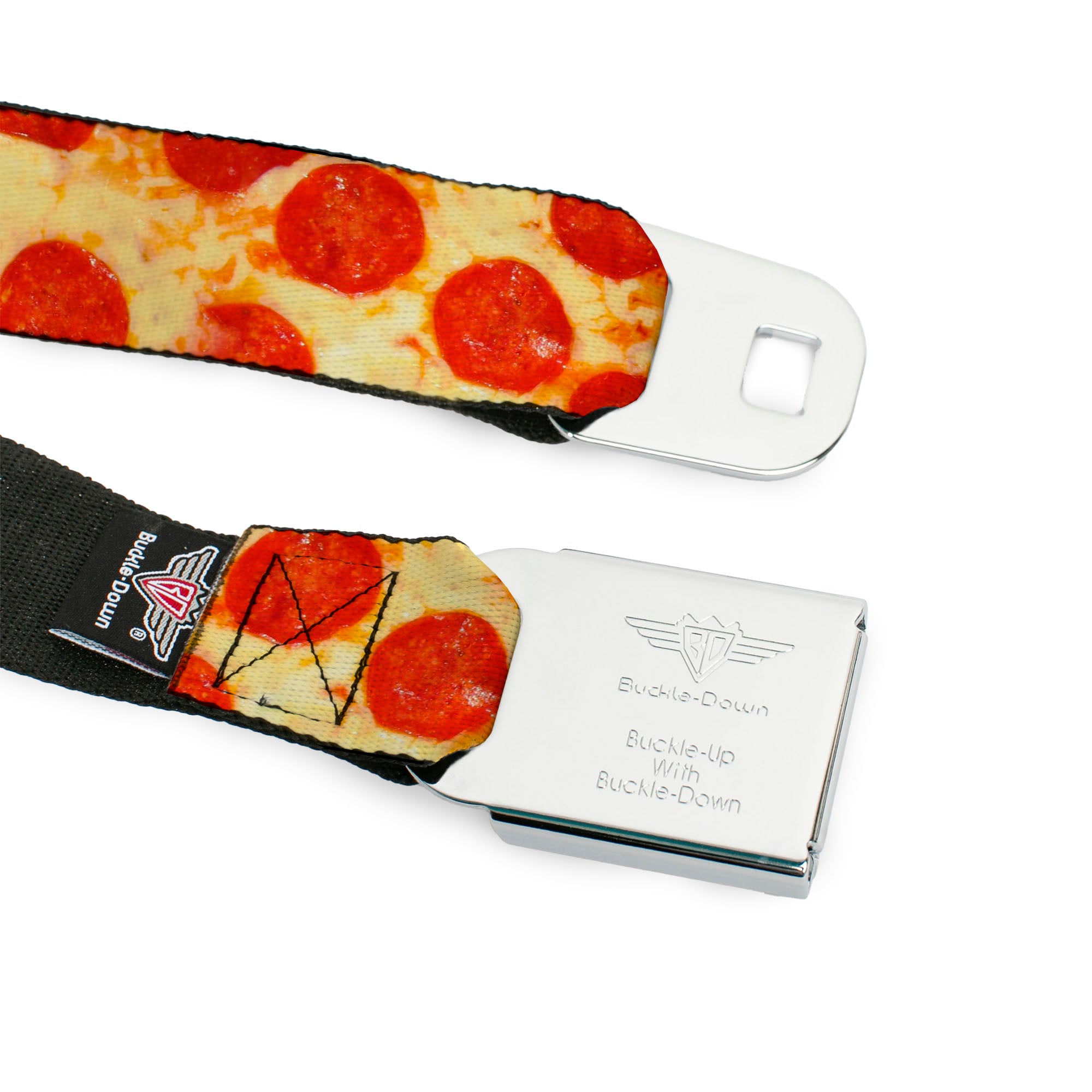 BD Wings Logo CLOSE-UP Full Color Black Silver Seatbelt Belt - Pepperoni Pizza Vivid Webbing Seatbelt Belts Buckle-Down