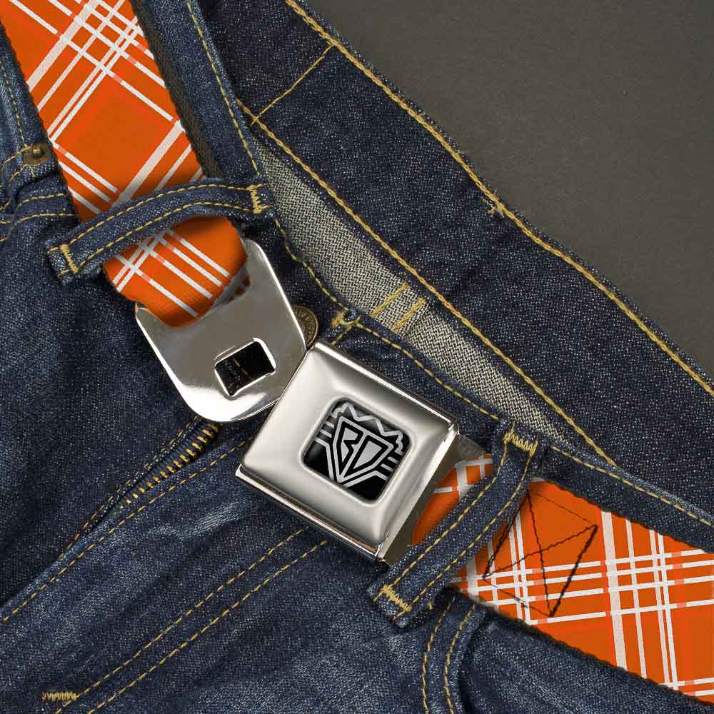 BD Wings Logo CLOSE-UP Full Color Black Silver Seatbelt Belt - Plaid X4 Oranges/White Webbing Seatbelt Belts Buckle-Down