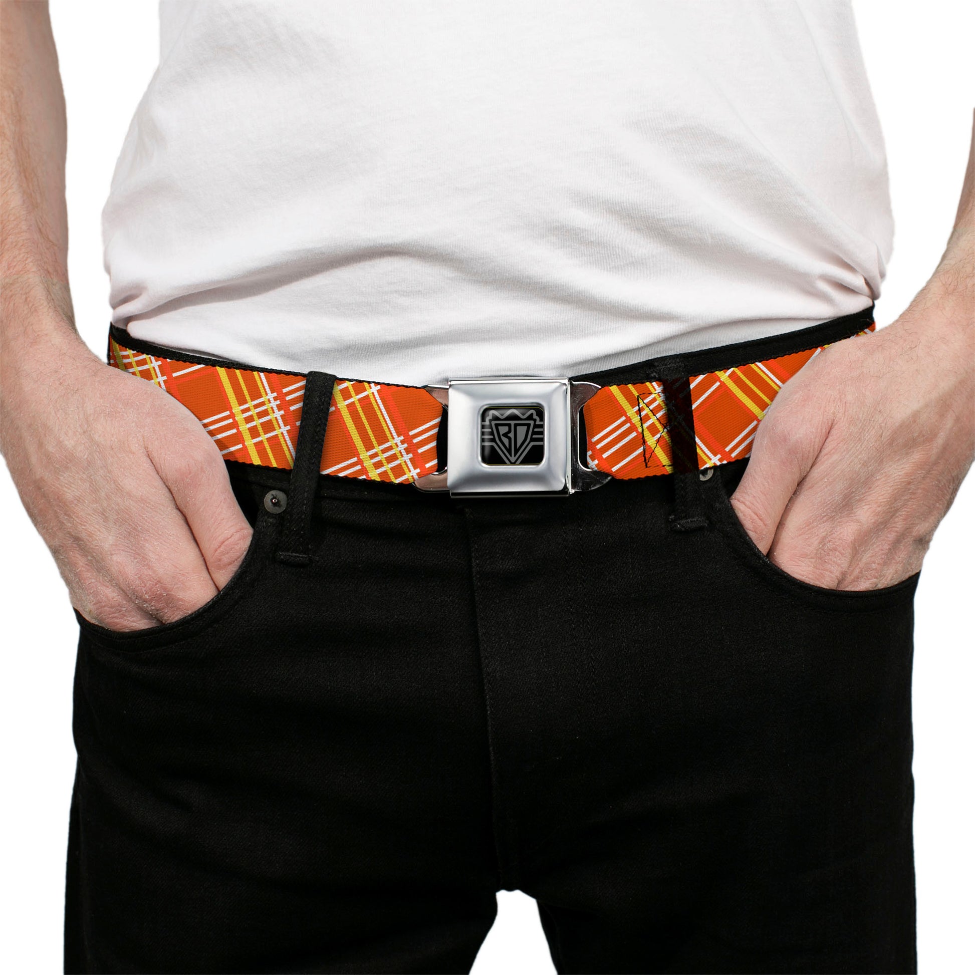 BD Wings Logo CLOSE-UP Full Color Black Silver Seatbelt Belt - Plaid X4 Oranges/White Webbing Seatbelt Belts Buckle-Down