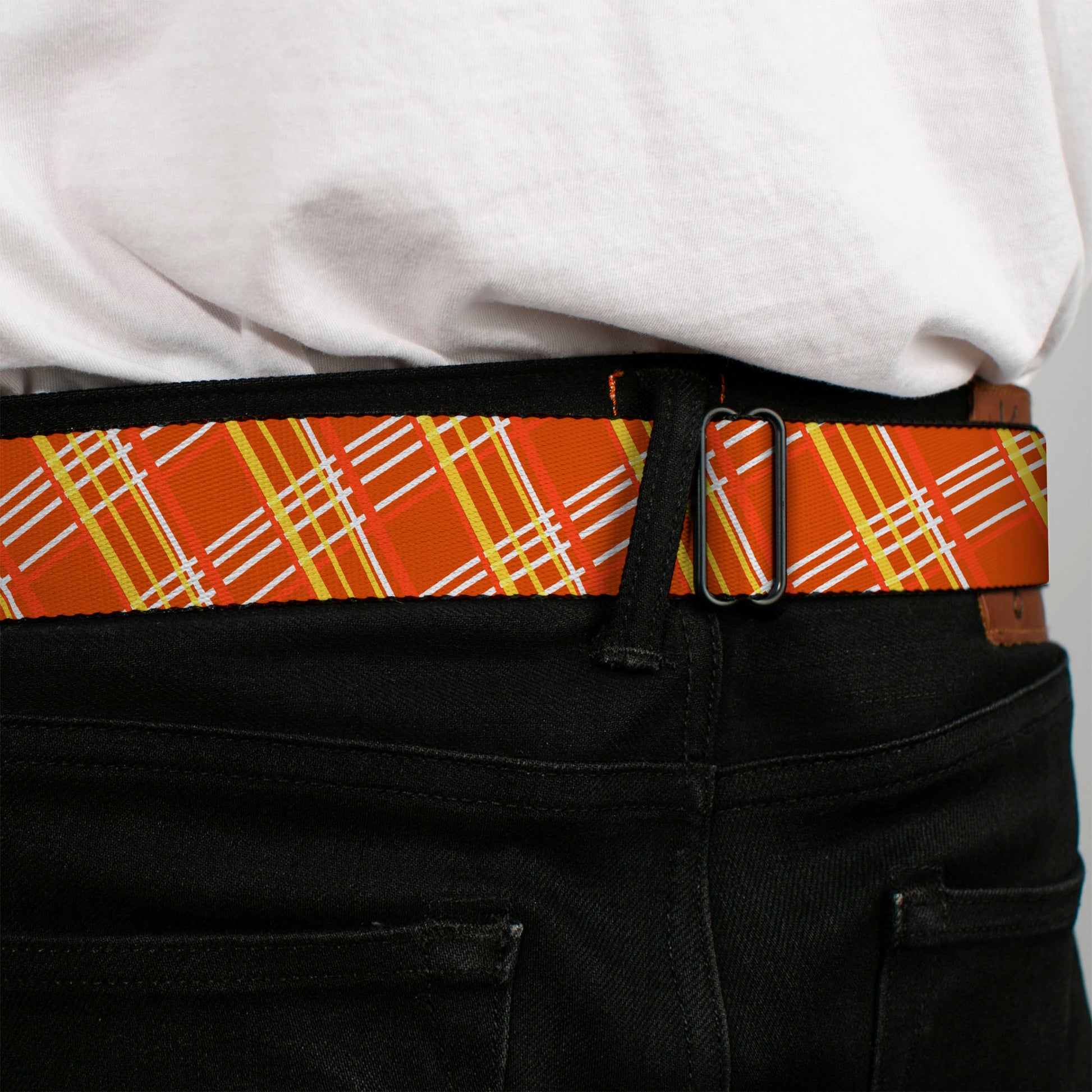 BD Wings Logo CLOSE-UP Full Color Black Silver Seatbelt Belt - Plaid X4 Oranges/White Webbing Seatbelt Belts Buckle-Down
