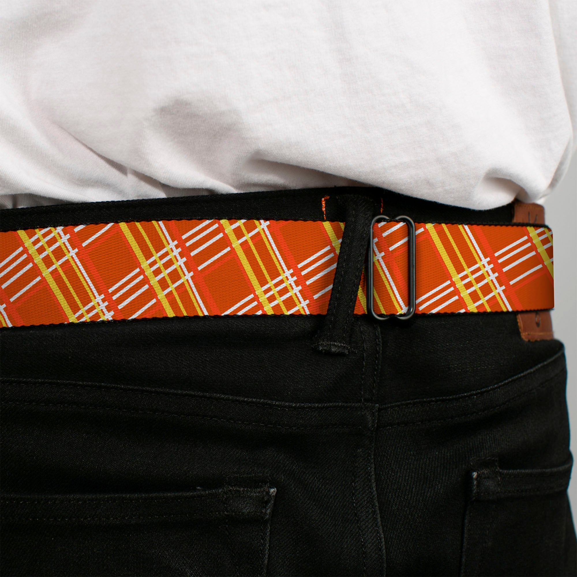 BD Wings Logo CLOSE-UP Full Color Black Silver Seatbelt Belt - Plaid X4 Oranges/White Webbing Seatbelt Belts Buckle-Down