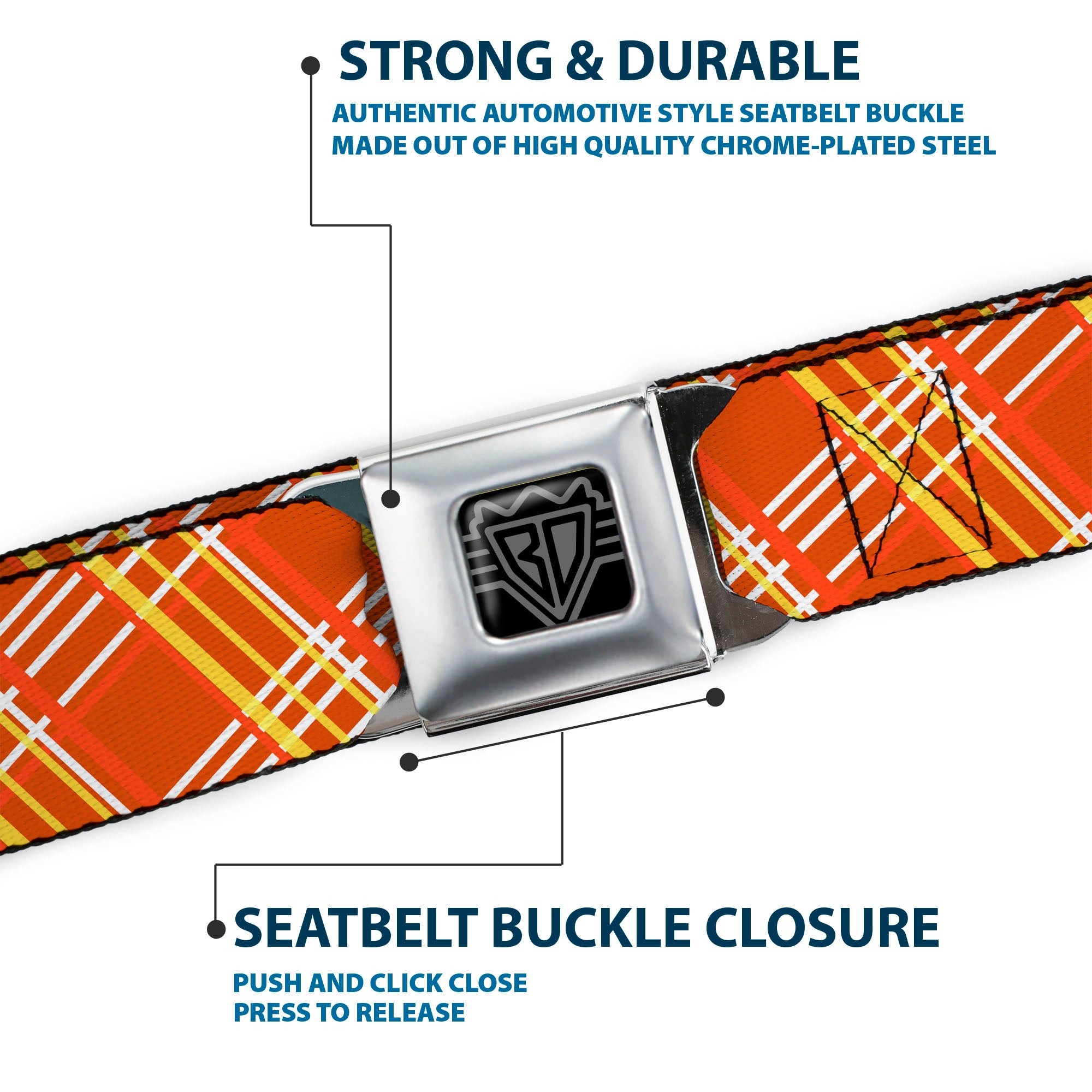 BD Wings Logo CLOSE-UP Full Color Black Silver Seatbelt Belt - Plaid X4 Oranges/White Webbing Seatbelt Belts Buckle-Down