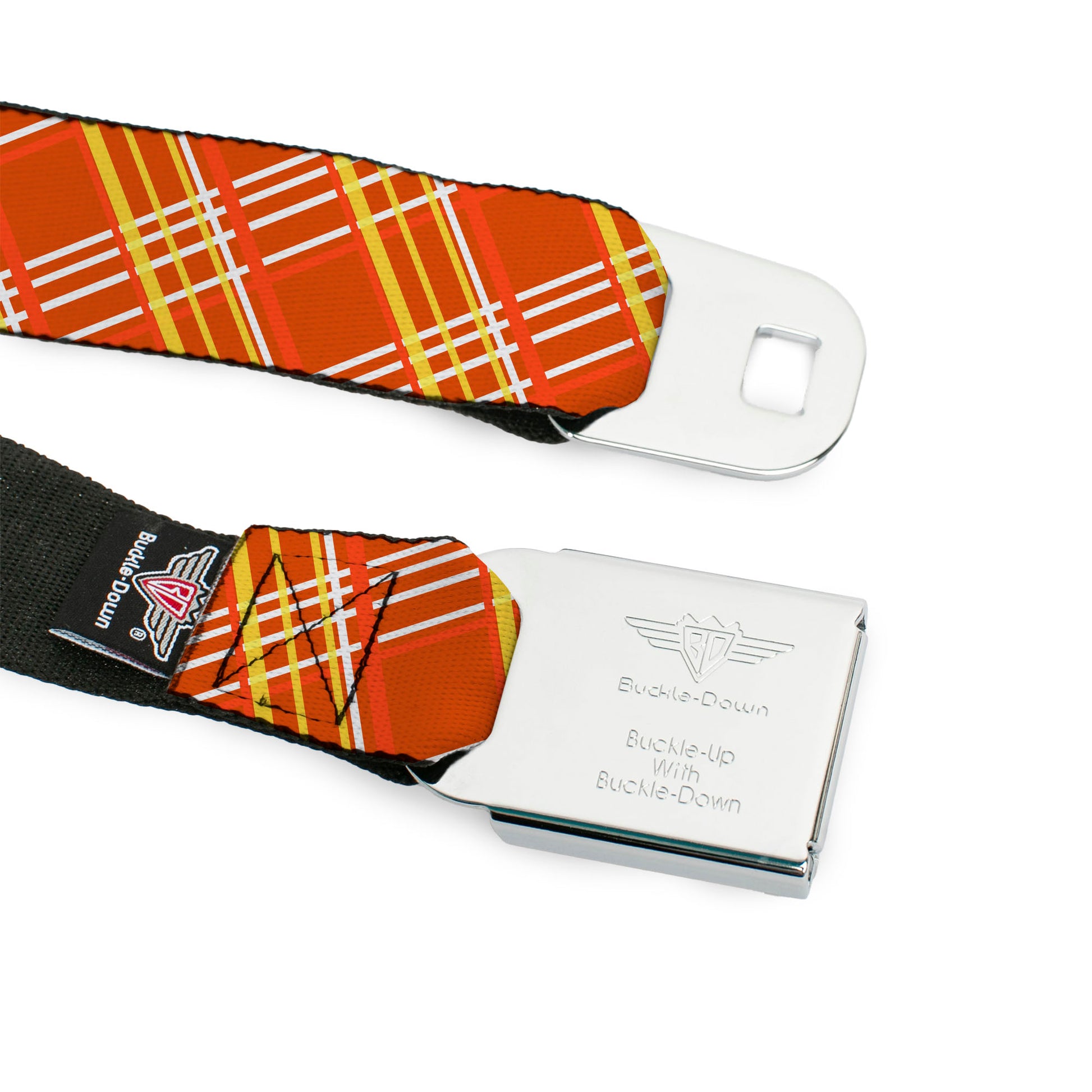 BD Wings Logo CLOSE-UP Full Color Black Silver Seatbelt Belt - Plaid X4 Oranges/White Webbing Seatbelt Belts Buckle-Down