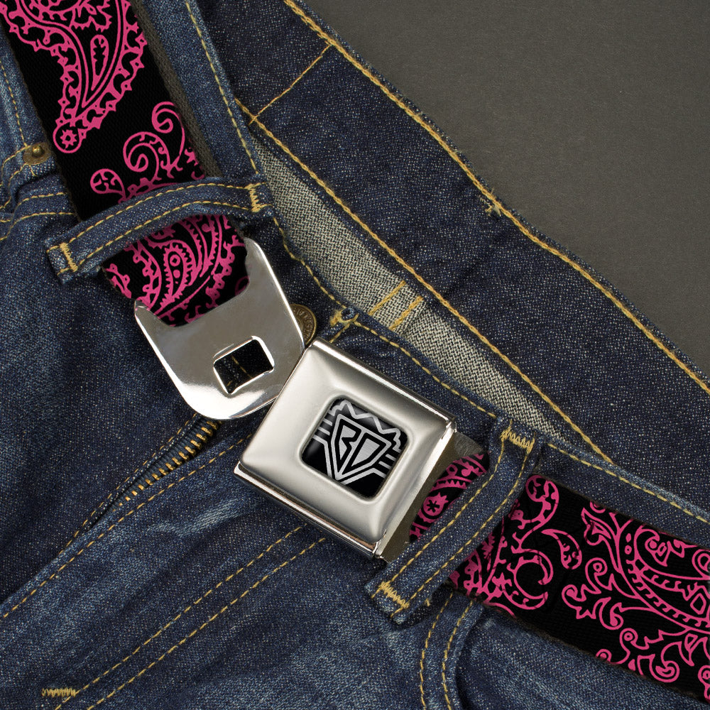 BD Wings Logo CLOSE-UP Full Color Black Silver Seatbelt Belt - Paisley Black/Neon Pink Webbing Seatbelt Belts Buckle-Down