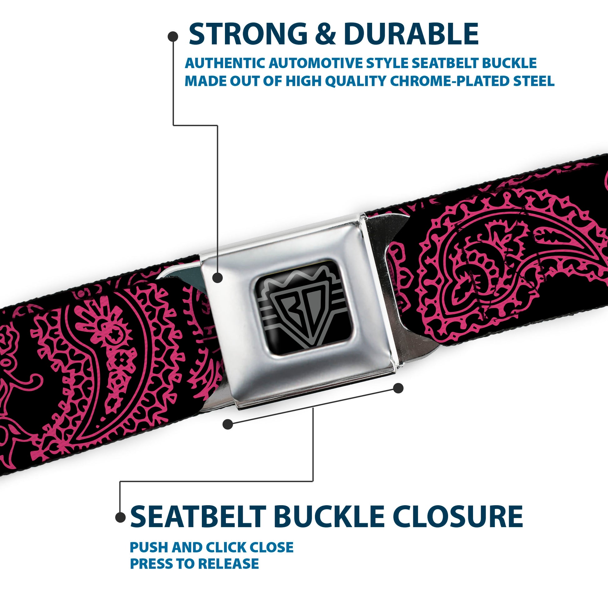 BD Wings Logo CLOSE-UP Full Color Black Silver Seatbelt Belt - Paisley Black/Neon Pink Webbing Seatbelt Belts Buckle-Down