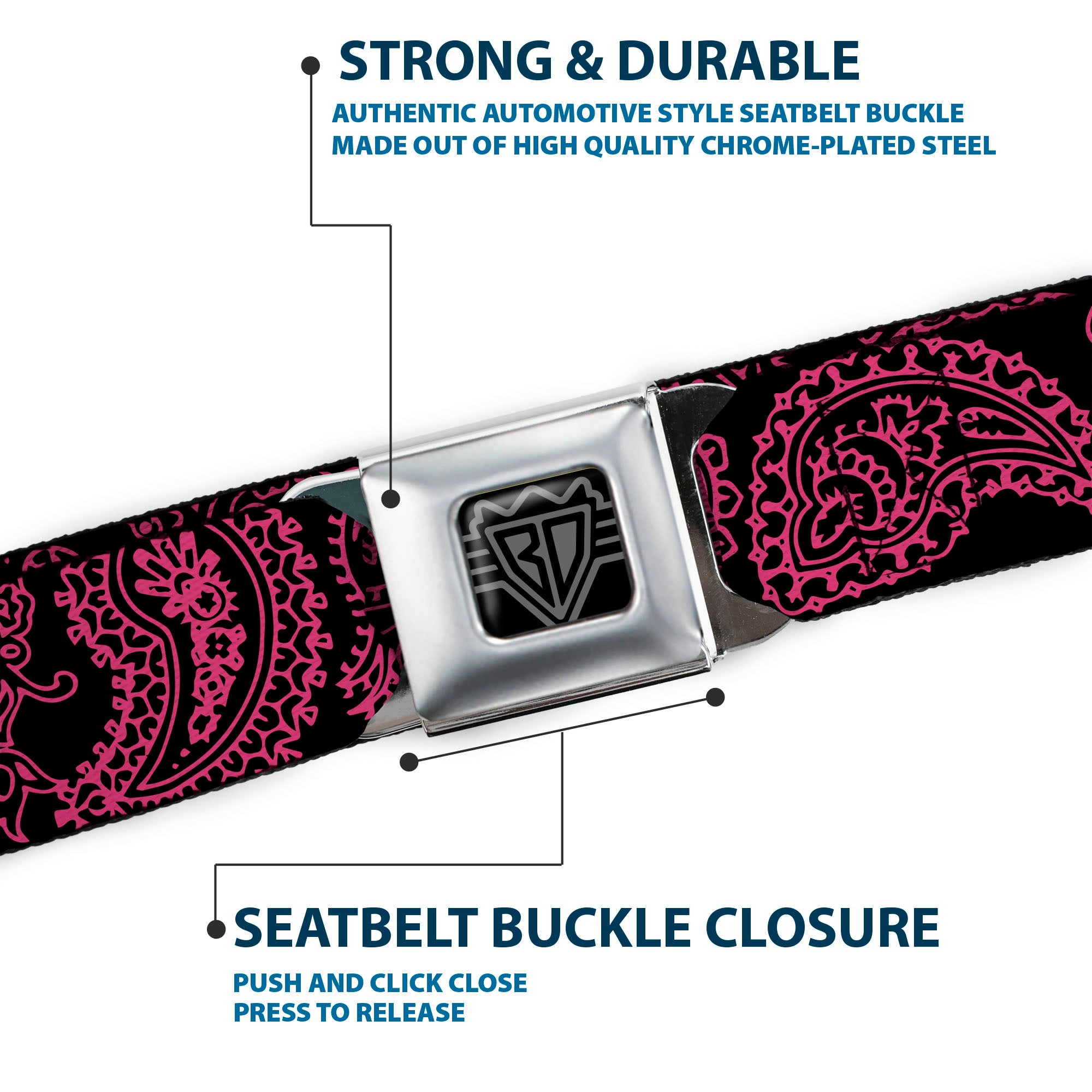 BD Wings Logo CLOSE-UP Full Color Black Silver Seatbelt Belt - Paisley Black/Neon Pink Webbing Seatbelt Belts Buckle-Down