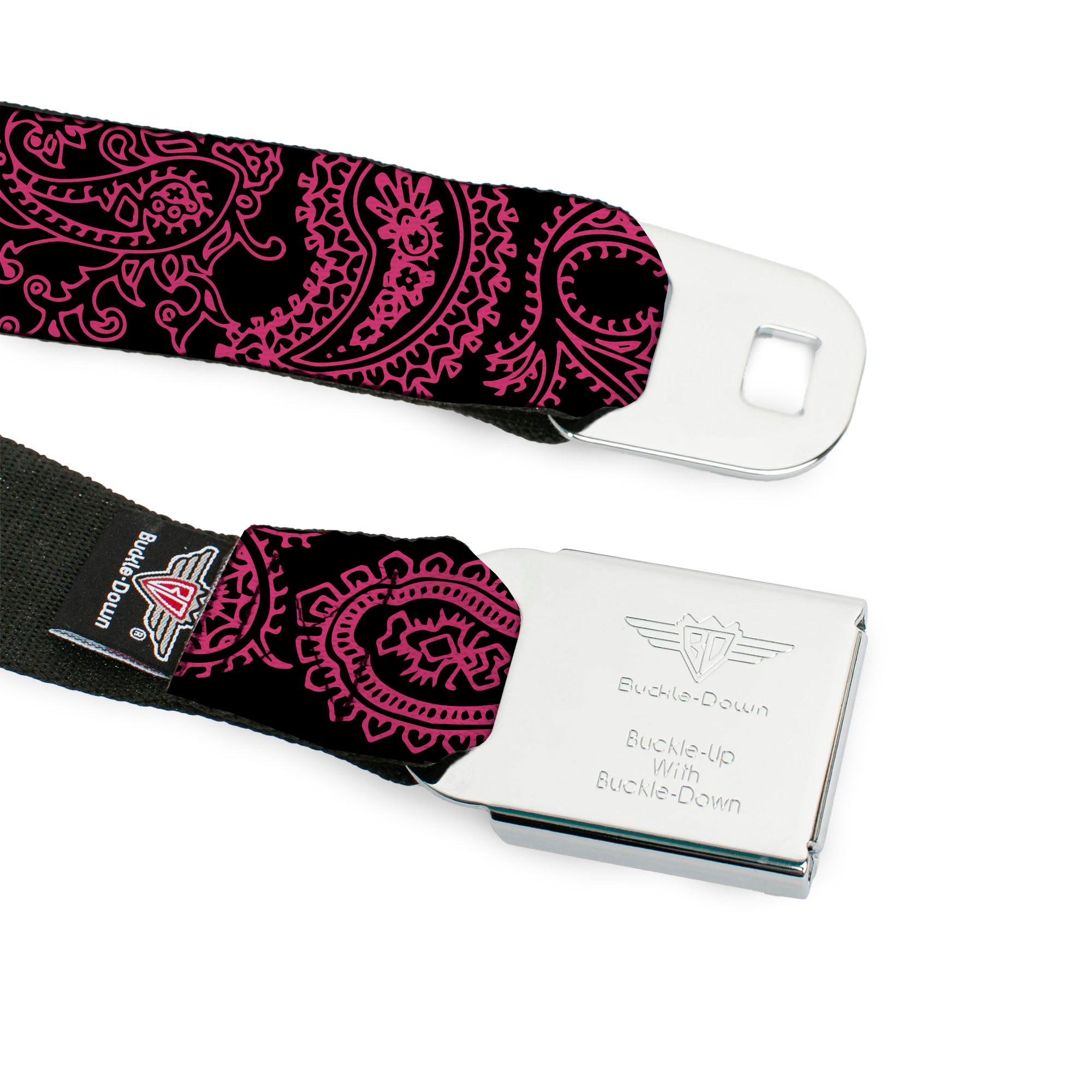 BD Wings Logo CLOSE-UP Full Color Black Silver Seatbelt Belt - Paisley Black/Neon Pink Webbing Seatbelt Belts Buckle-Down