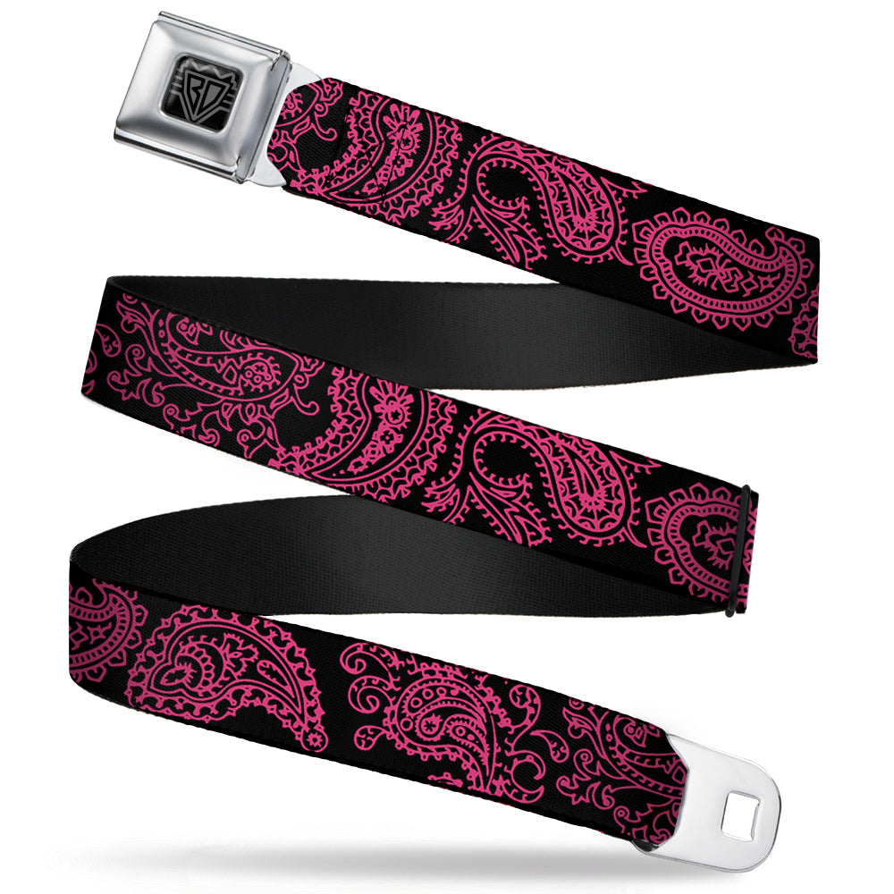 BD Wings Logo CLOSE-UP Full Color Black Silver Seatbelt Belt - Paisley Black/Neon Pink Webbing Seatbelt Belts Buckle-Down
