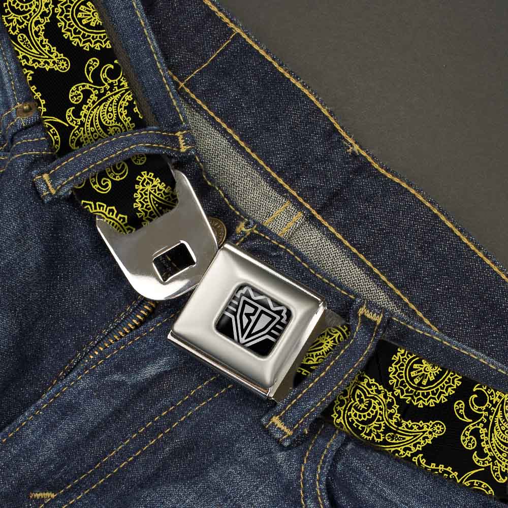 BD Wings Logo CLOSE-UP Full Color Black Silver Seatbelt Belt - Paisley Black/Neon Yellow Webbing Seatbelt Belts Buckle-Down