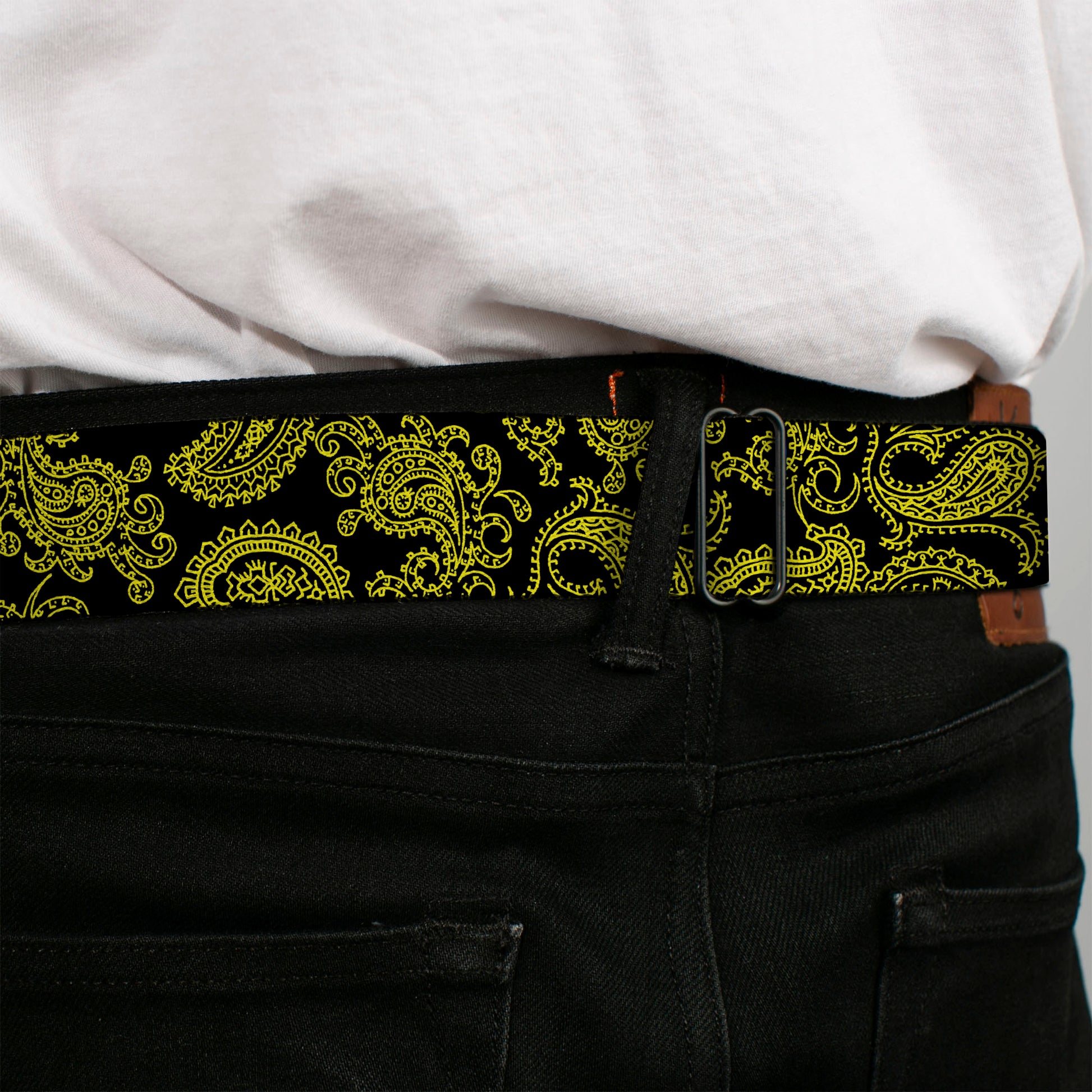 BD Wings Logo CLOSE-UP Full Color Black Silver Seatbelt Belt - Paisley Black/Neon Yellow Webbing Seatbelt Belts Buckle-Down