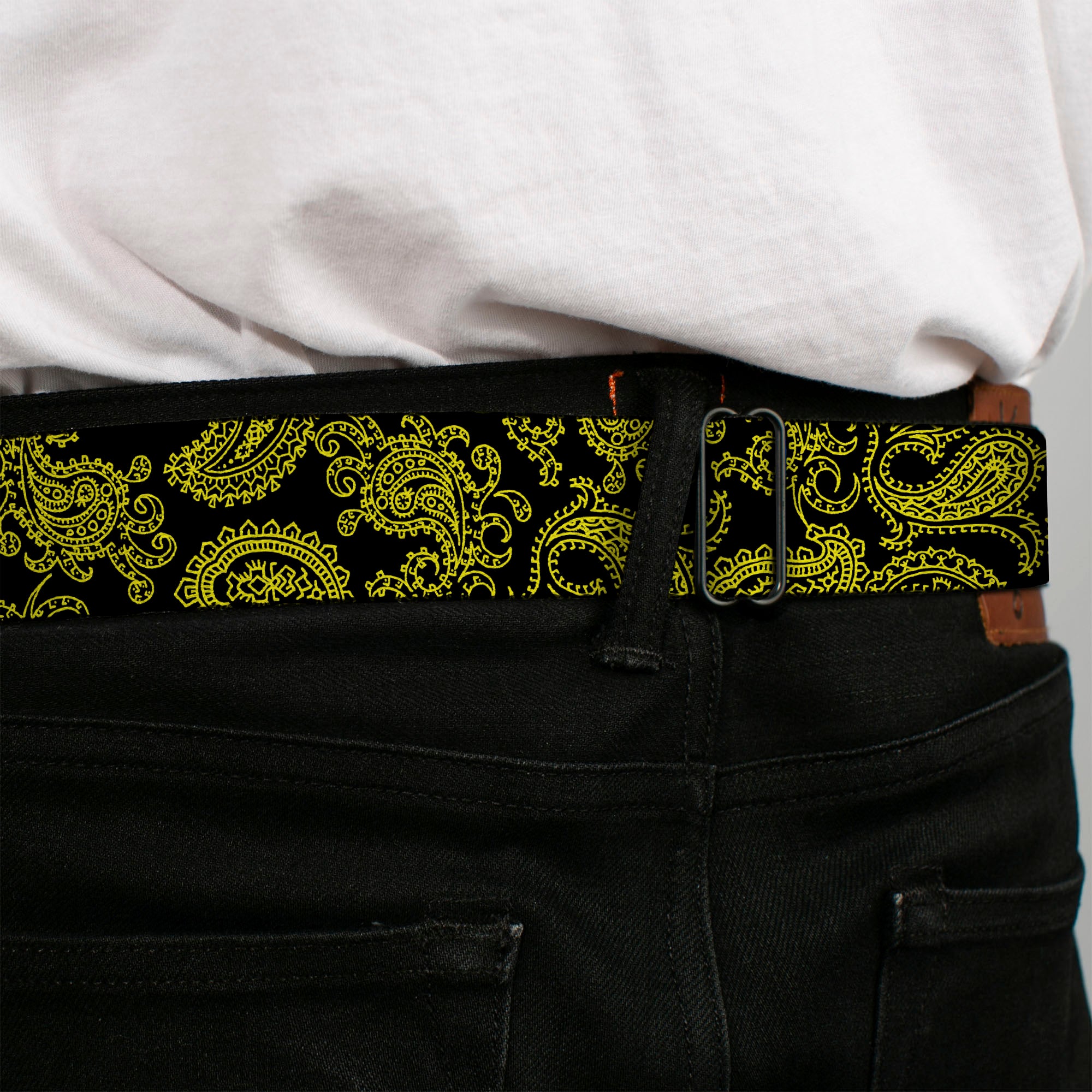 BD Wings Logo CLOSE-UP Full Color Black Silver Seatbelt Belt - Paisley Black/Neon Yellow Webbing Seatbelt Belts Buckle-Down