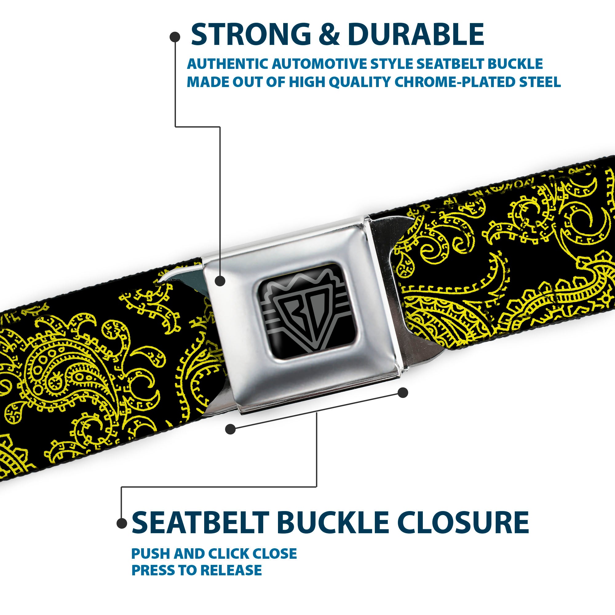 BD Wings Logo CLOSE-UP Full Color Black Silver Seatbelt Belt - Paisley Black/Neon Yellow Webbing Seatbelt Belts Buckle-Down