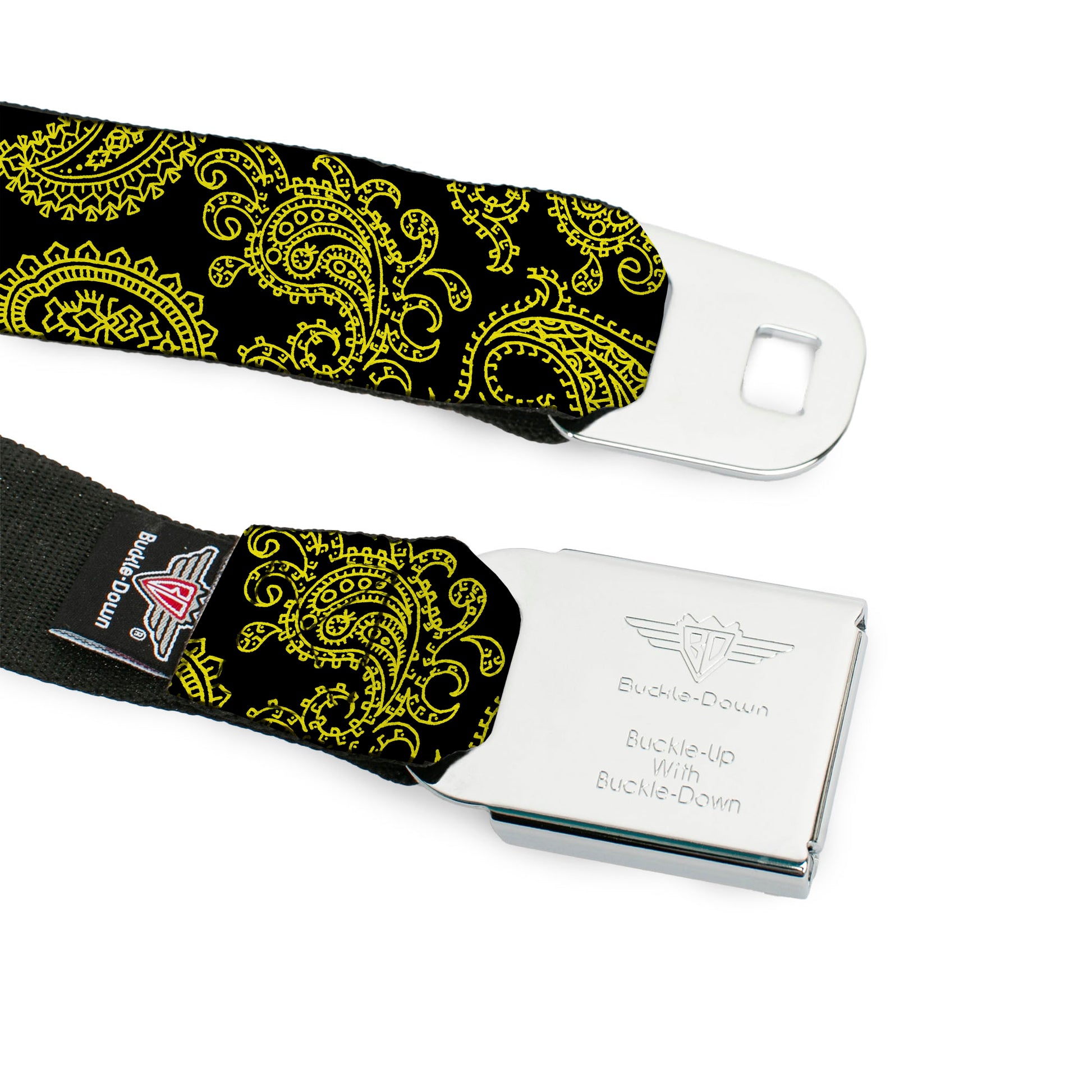 BD Wings Logo CLOSE-UP Full Color Black Silver Seatbelt Belt - Paisley Black/Neon Yellow Webbing Seatbelt Belts Buckle-Down