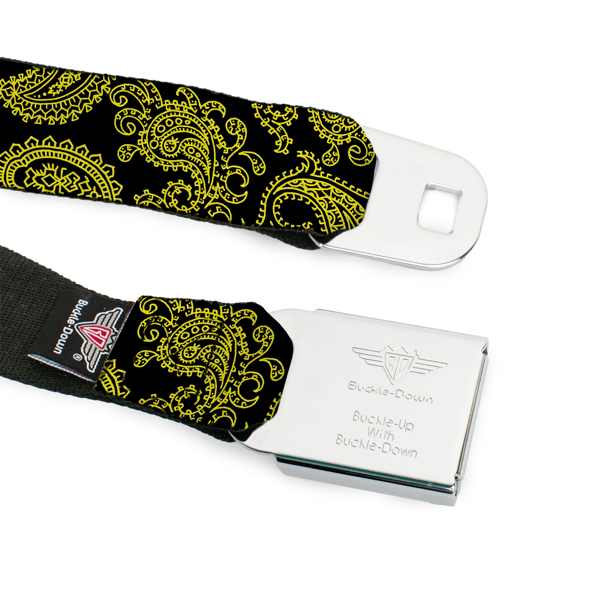 BD Wings Logo CLOSE-UP Full Color Black Silver Seatbelt Belt - Paisley Black/Neon Yellow Webbing Seatbelt Belts Buckle-Down